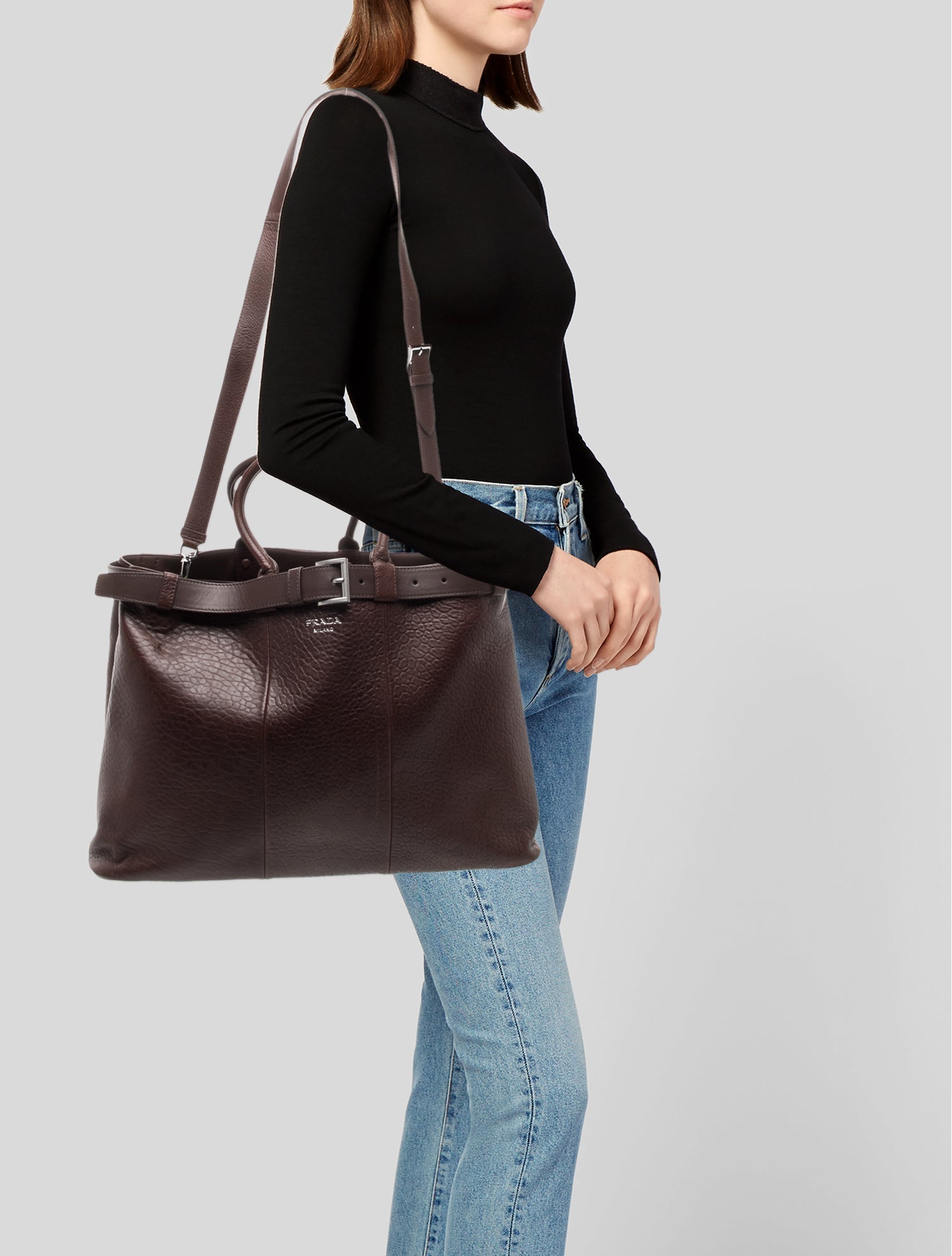 Prada Vitello Daino Leather Buckle Bag w/Belt Large