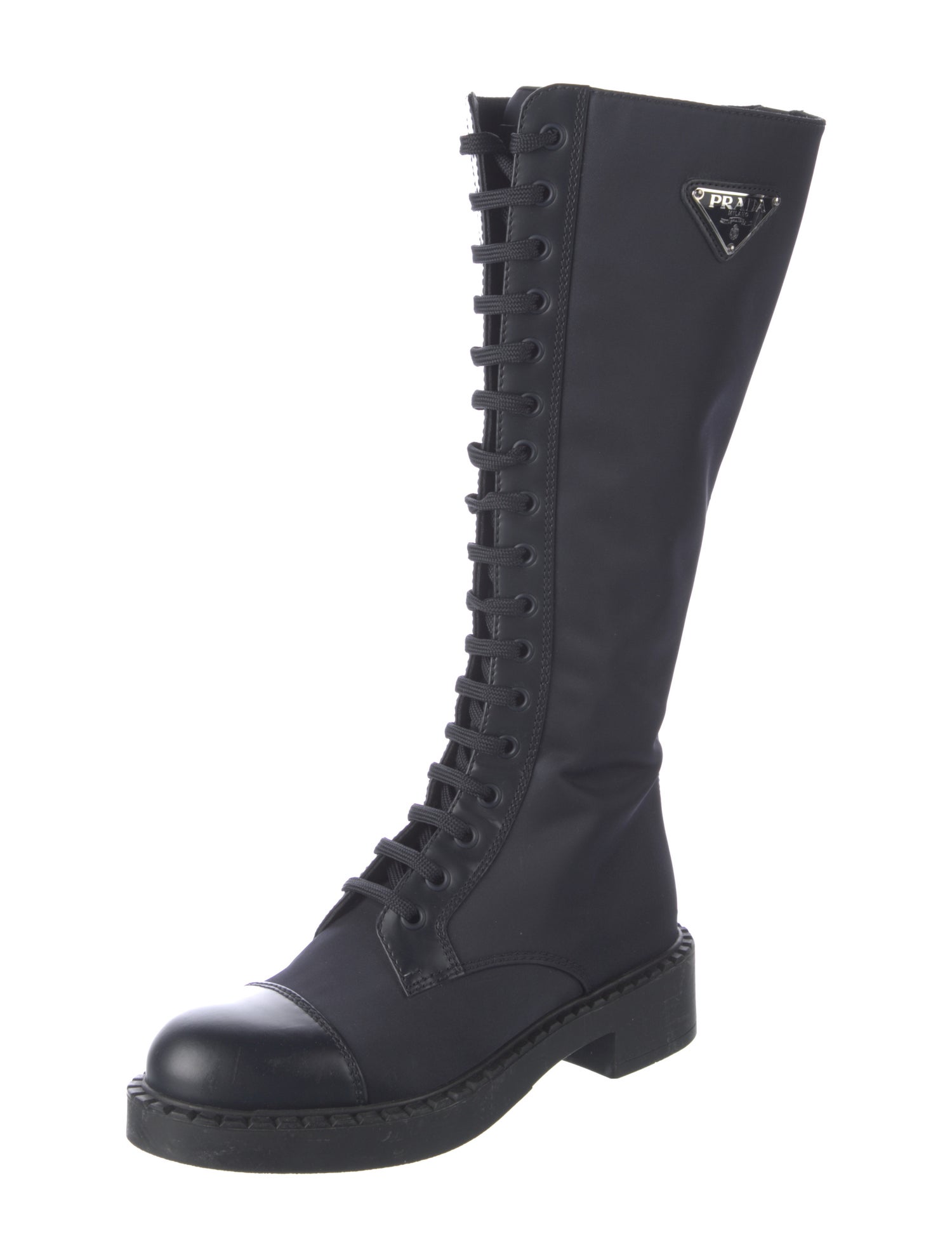 Prada Enameled Metal Triangle Nylon Combat Boots