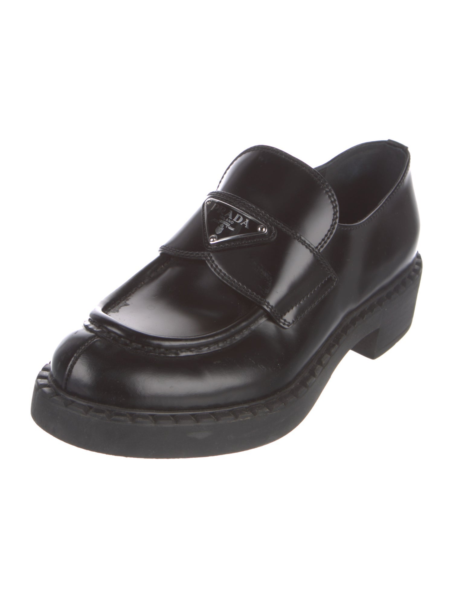 Prada Enameled Metal Triangle Patent Leather Oxfords