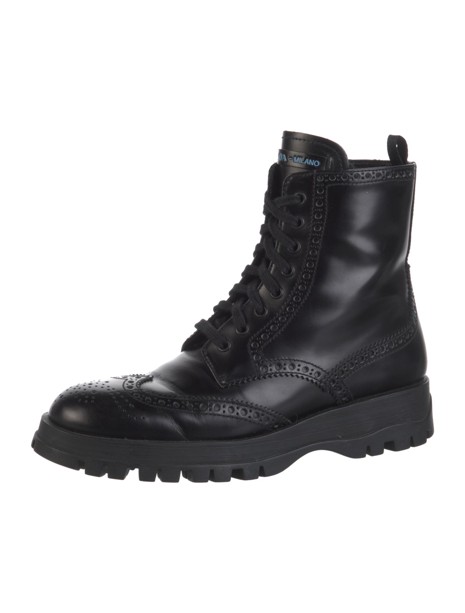 Prada Leather Lasercut Accents Combat Boots