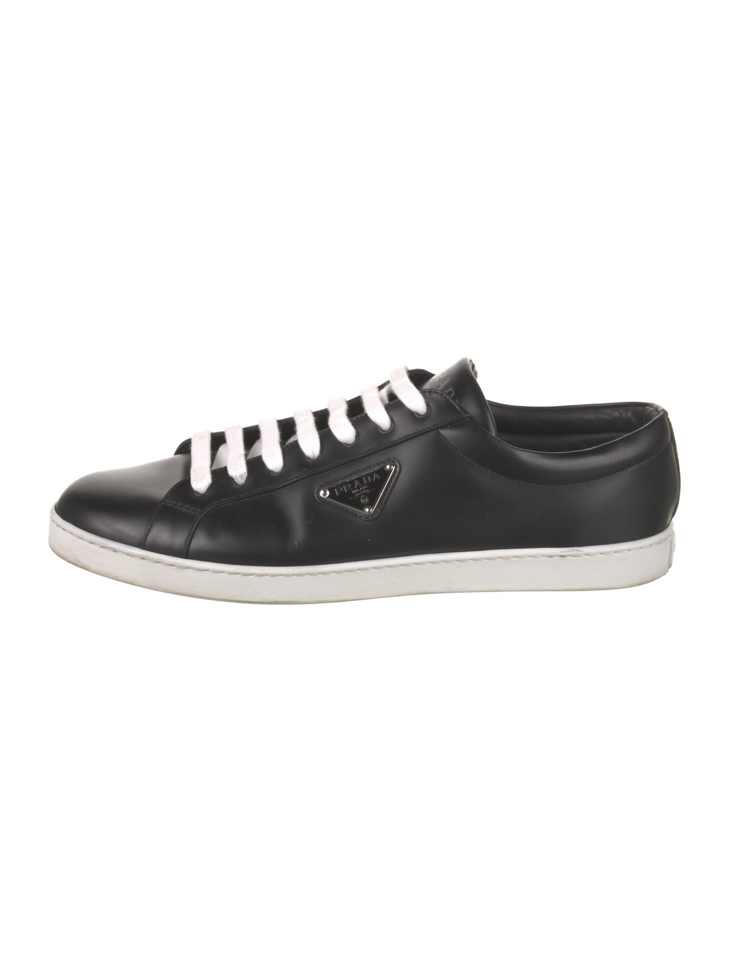 Prada Enameled Metal Triangle Leather Sneakers