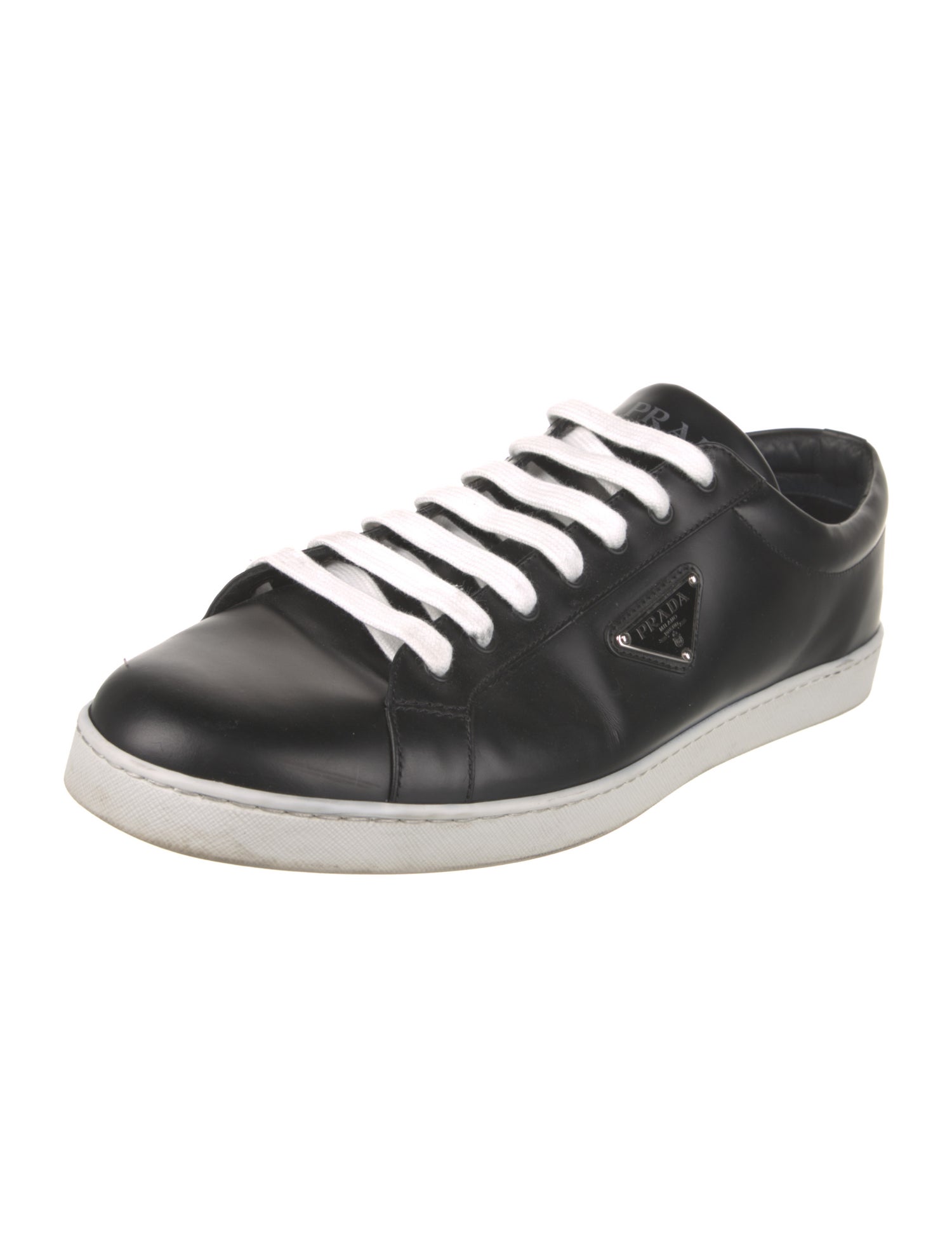 Prada Enameled Metal Triangle Leather Sneakers
