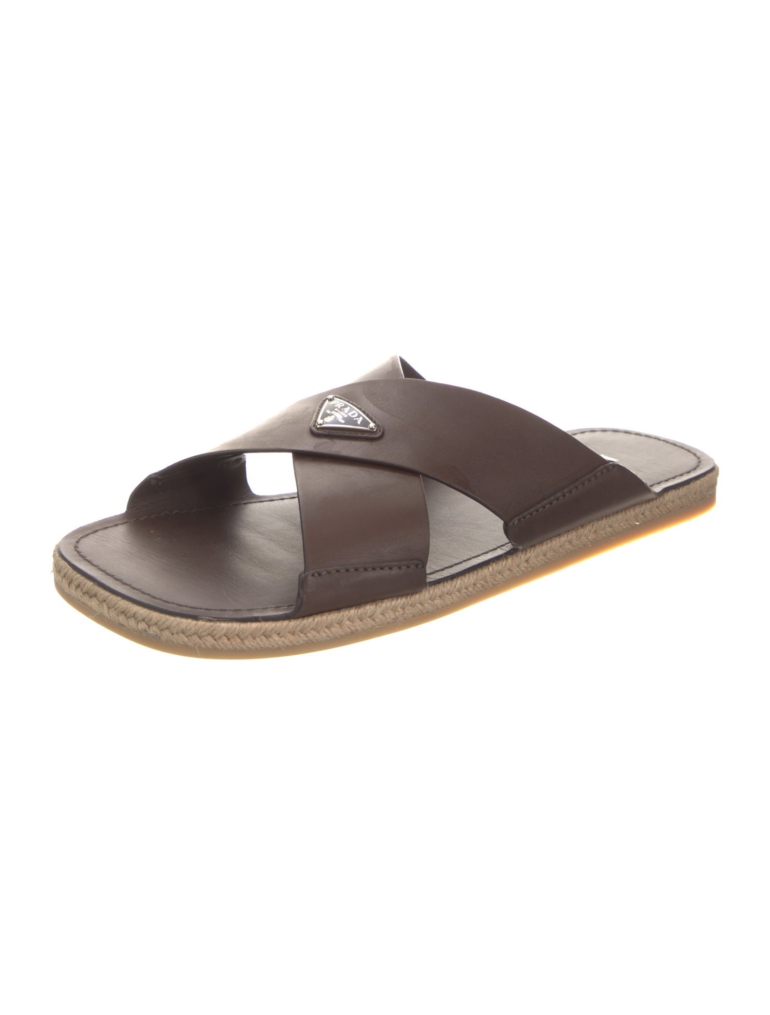 Prada Enameled Metal Triangle Leather Slides