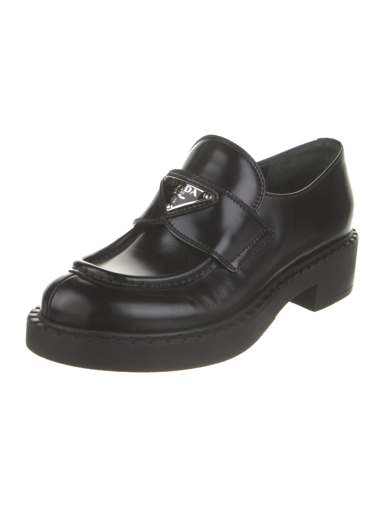 Prada Enameled Metal Triangle Patent Leather Dress Loafers