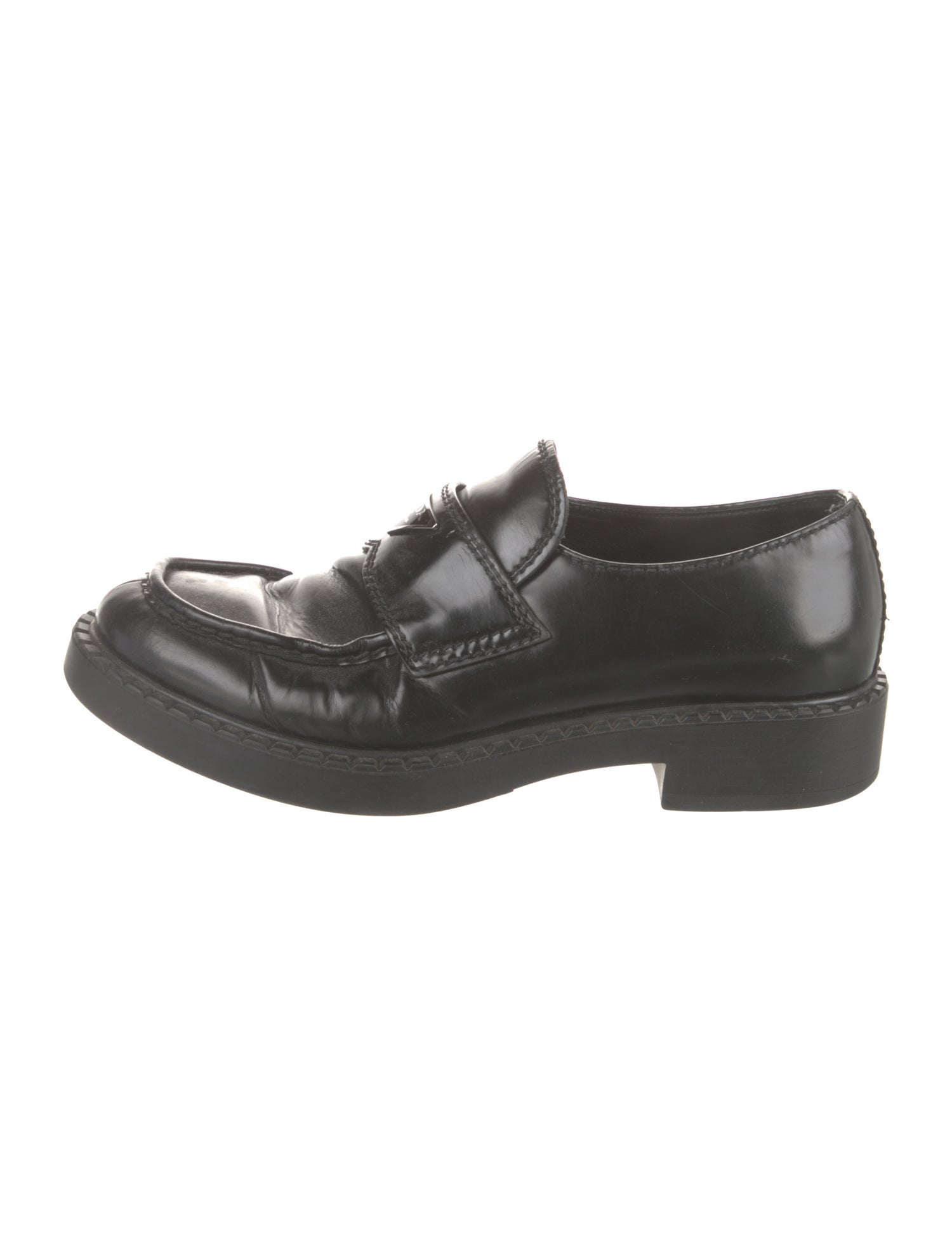Prada Enameled Metal Triangle Patent Leather Loafers