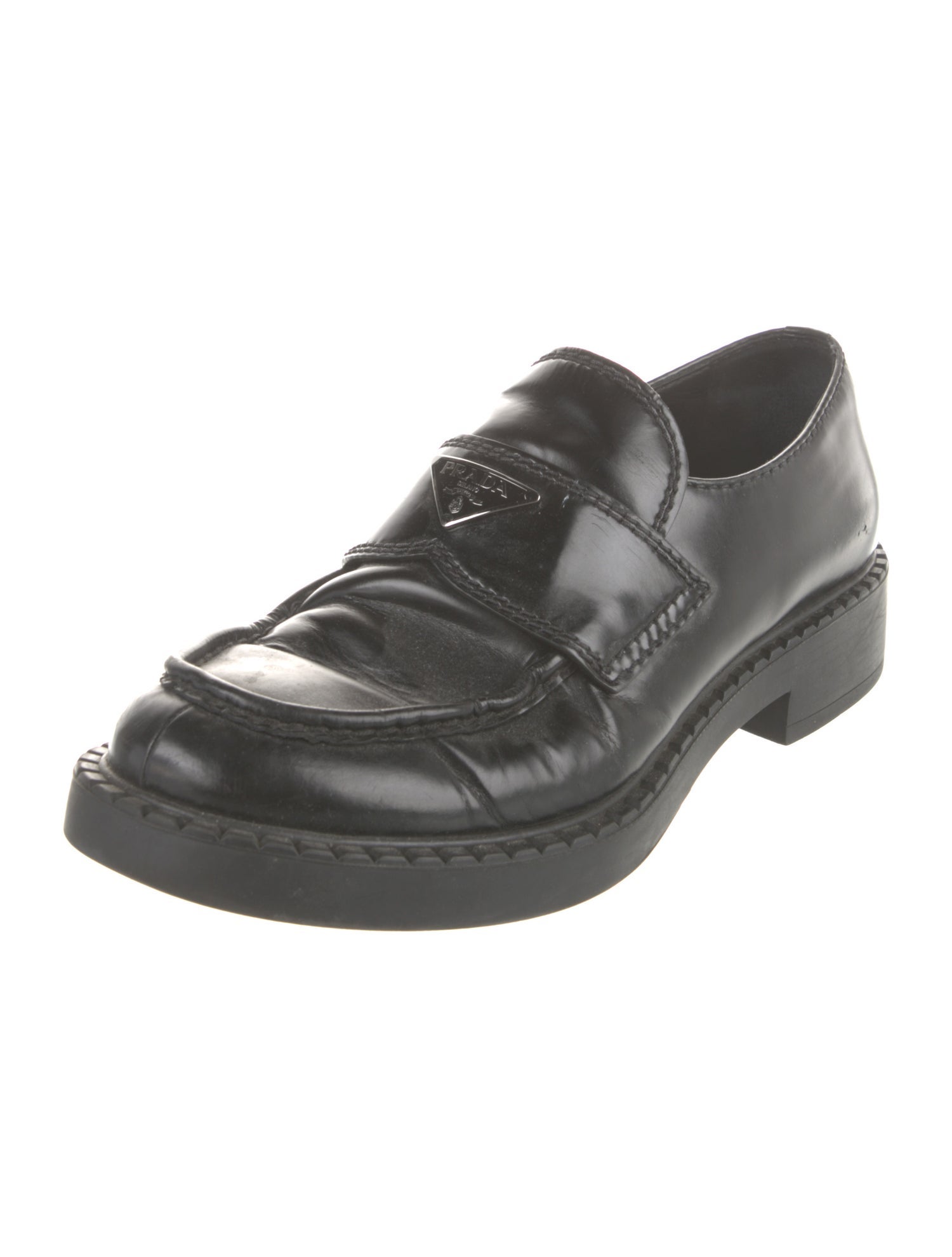 Prada Enameled Metal Triangle Patent Leather Loafers