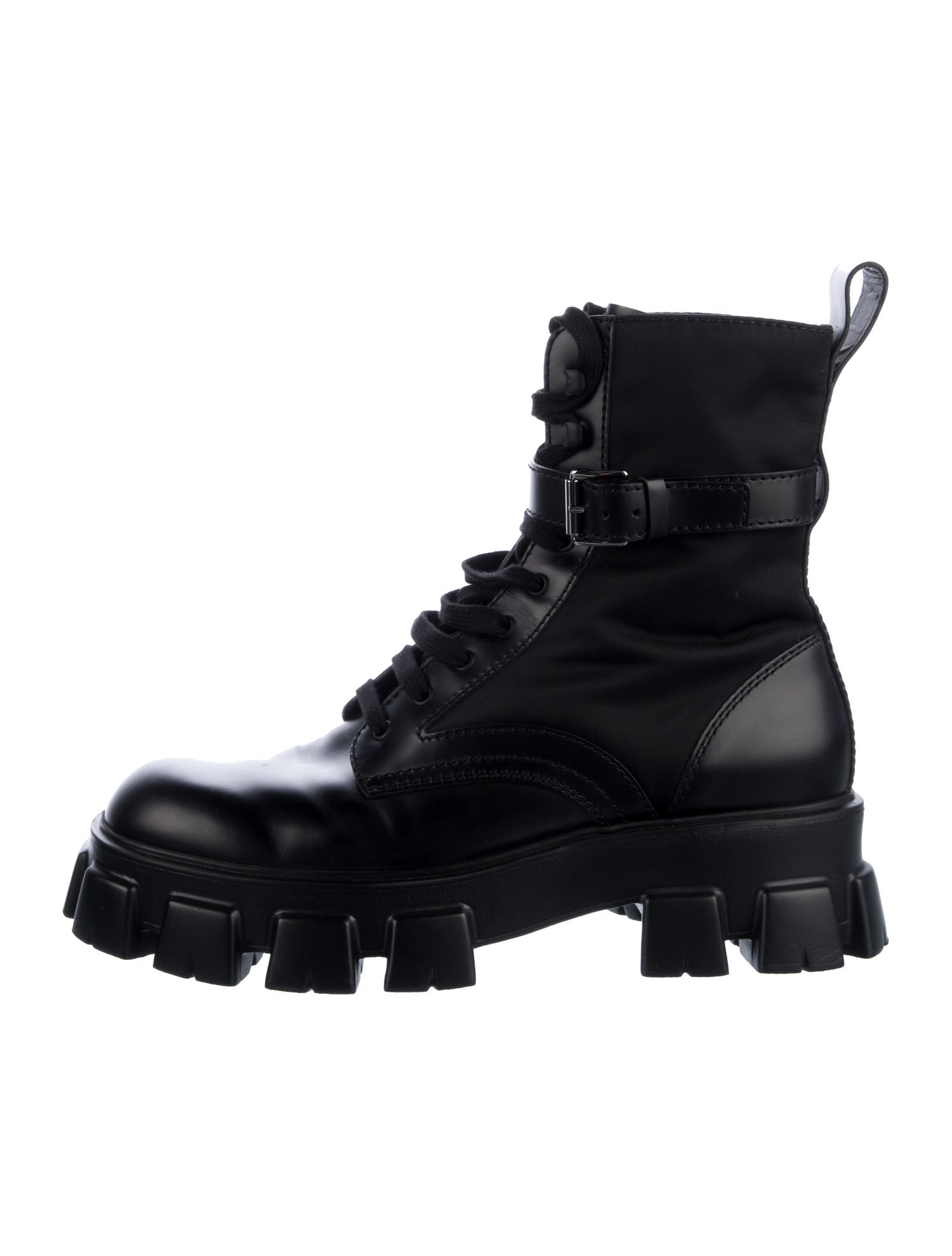 Prada Leather Leather Trim Embellishment Combat Boots