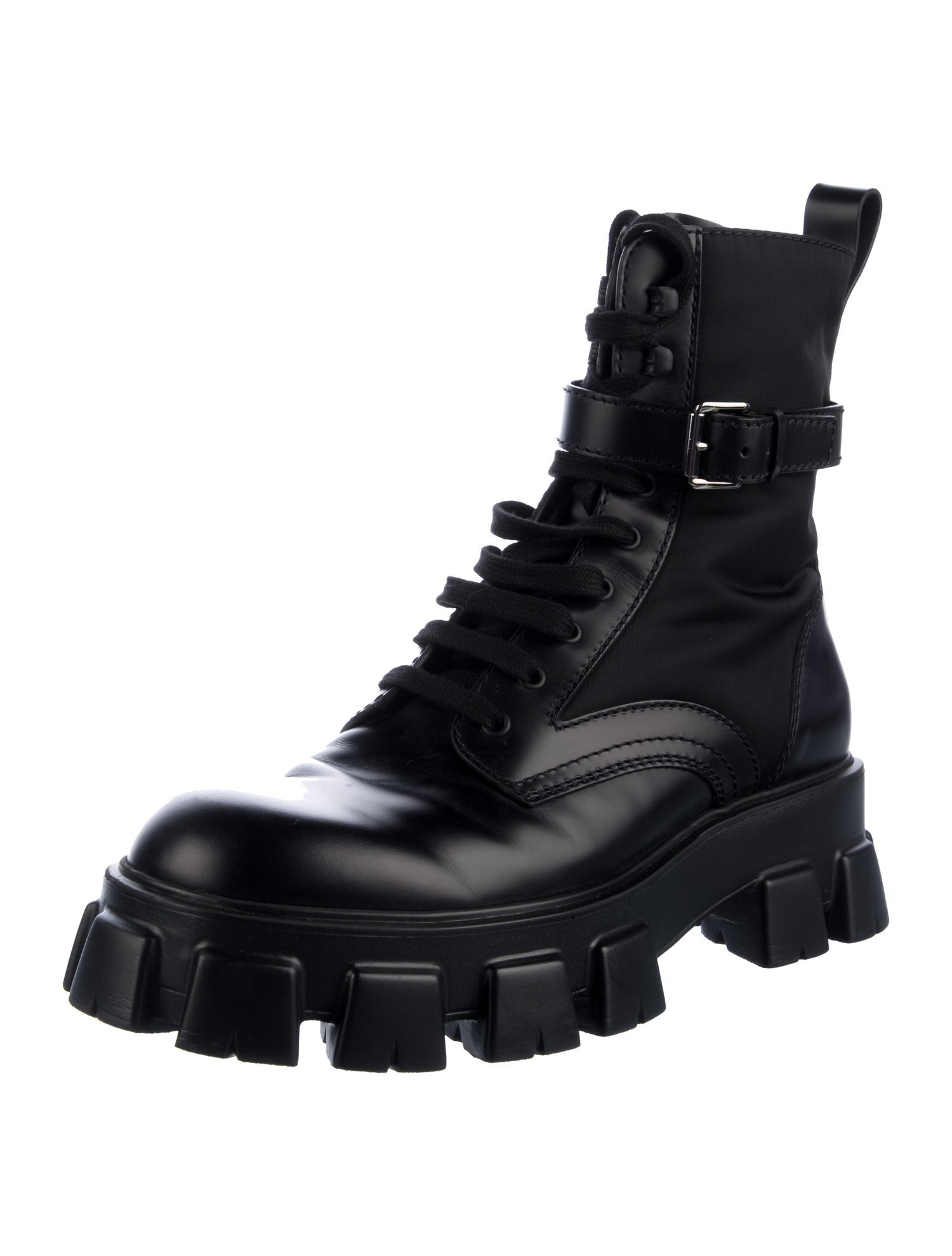 Prada Leather Leather Trim Embellishment Combat Boots