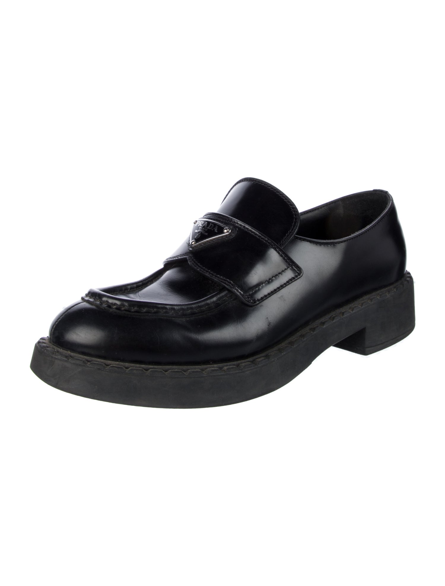 Prada Enameled Metal Triangle Leather Oxfords