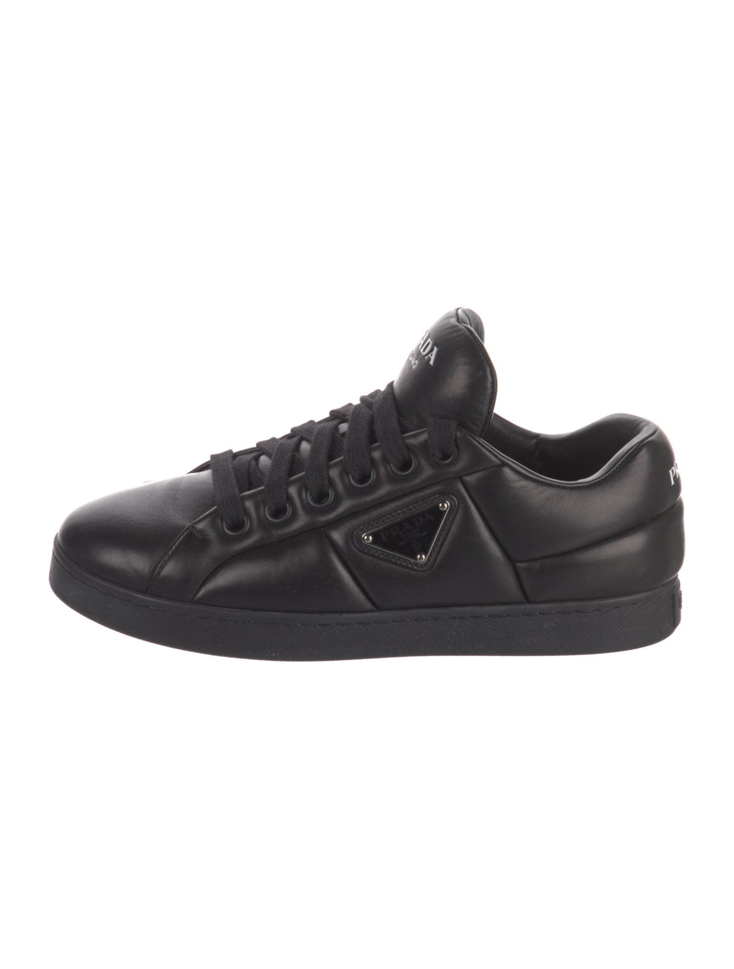 Prada Enameled Metal Triangle Leather Sneakers