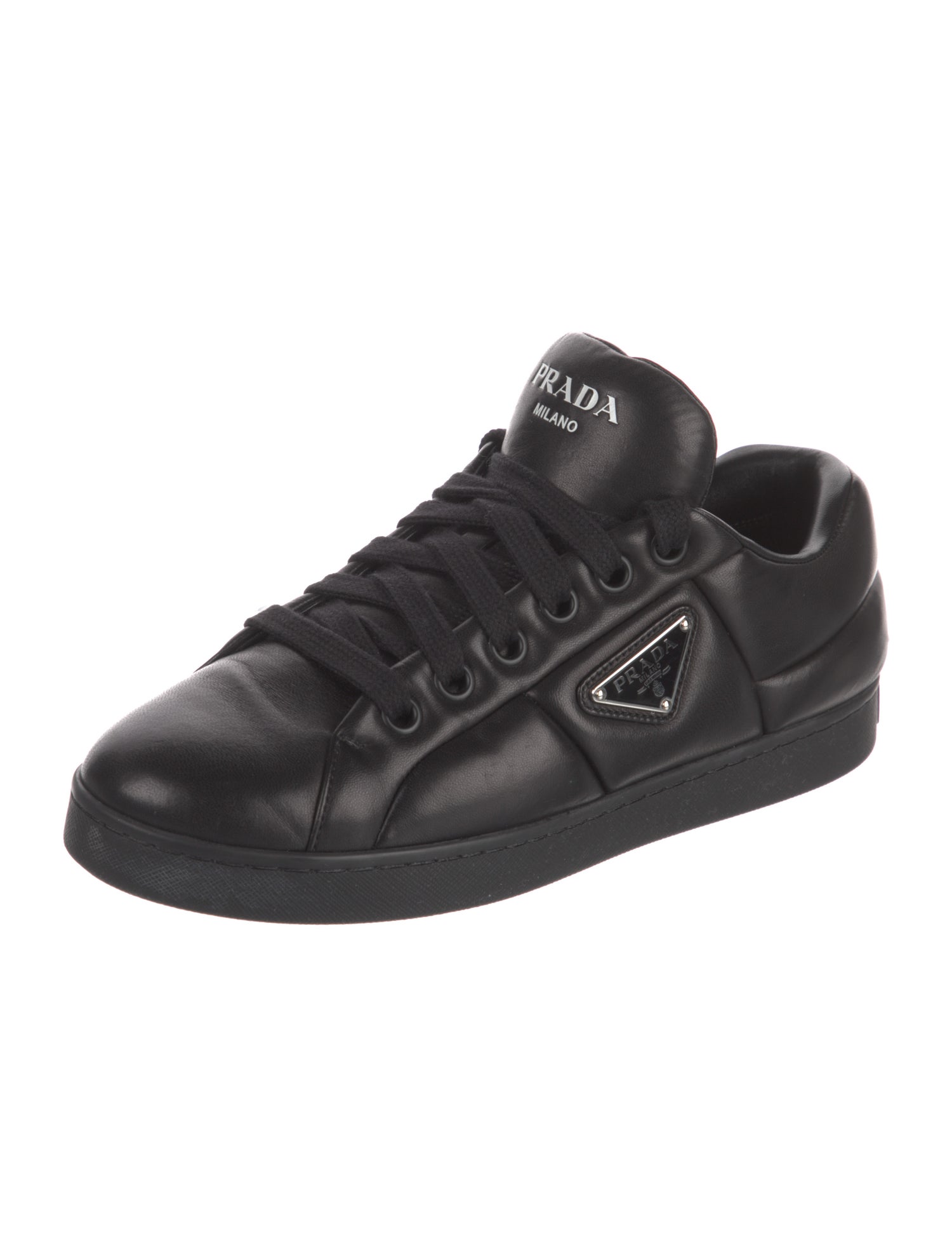 Prada Enameled Metal Triangle Leather Sneakers