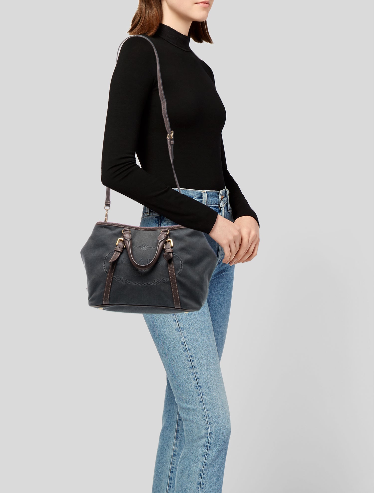 Prada Enameled Metal Triangle Logo Jacquard canvas tote