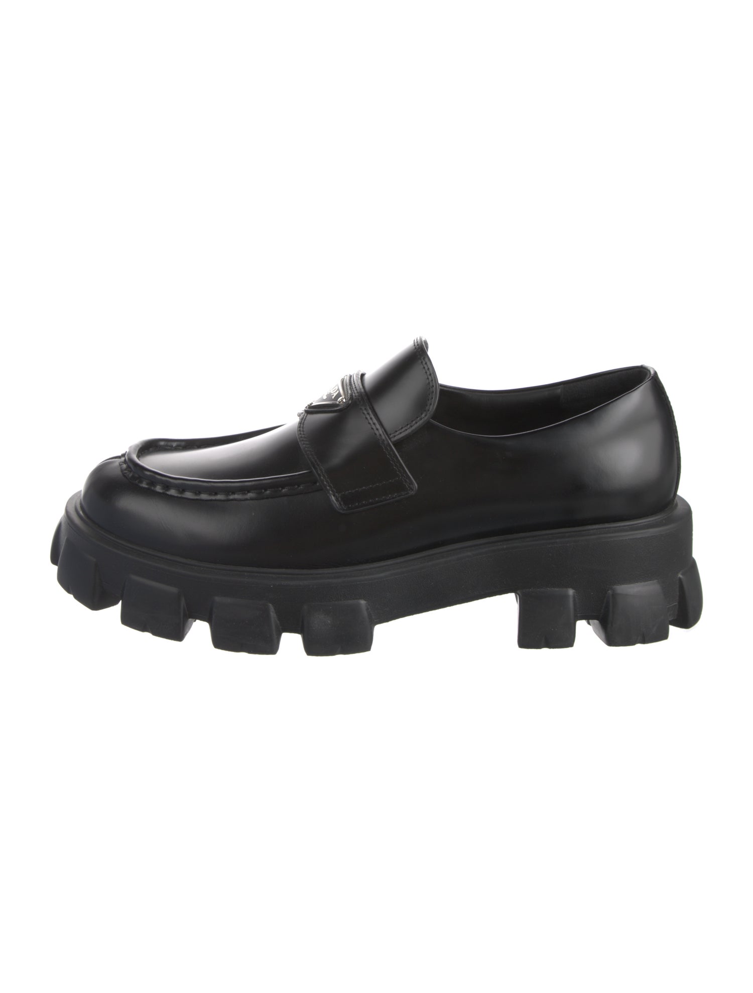 Prada Enameled Metal Triangle Leather Loafers