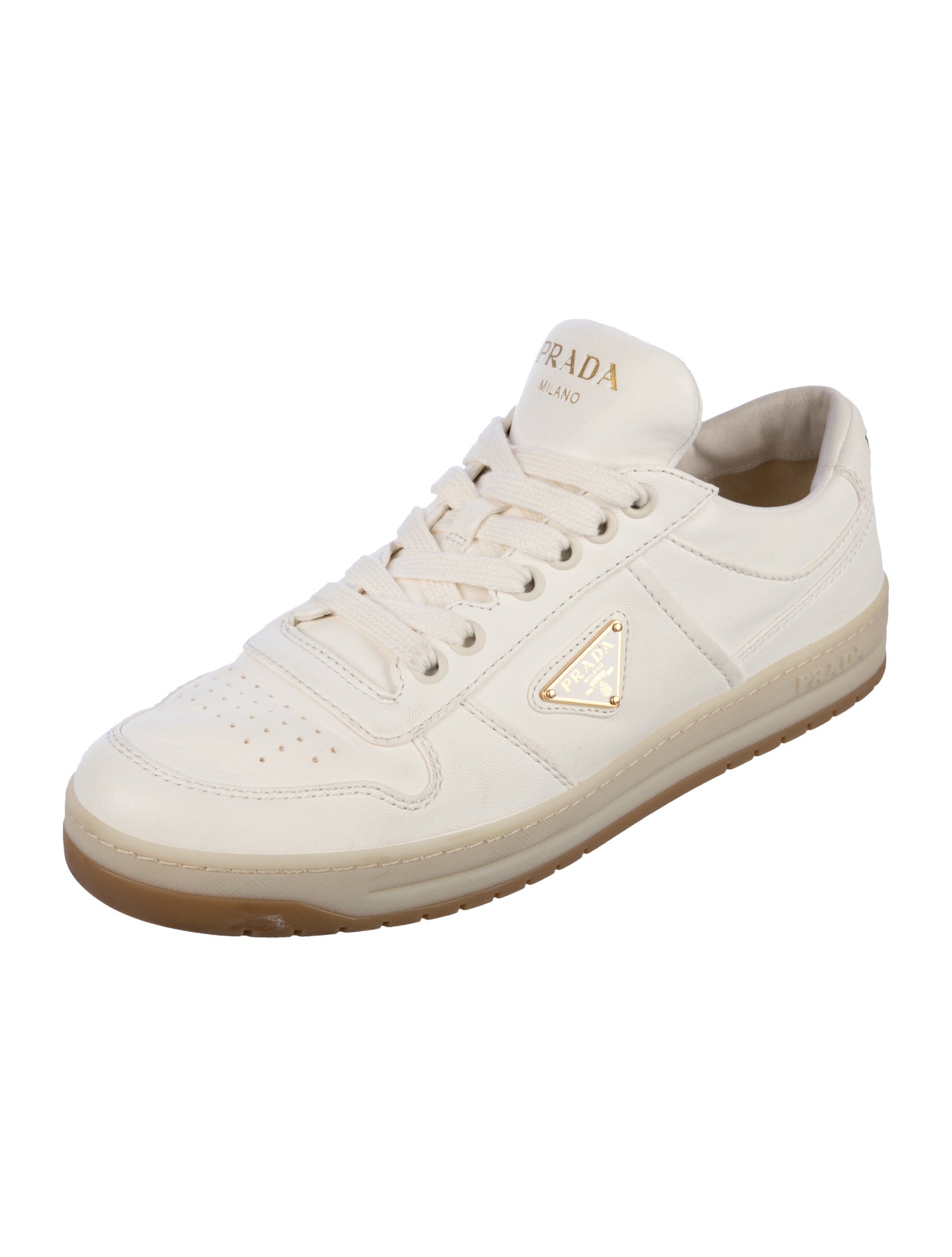 Prada Enameled Metal Triangle Leather Sneakers