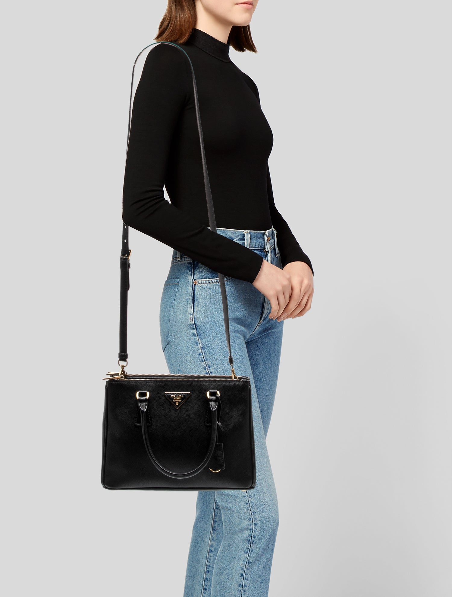 Prada Enameled Metal Triangle Galleria Double Zip Mini