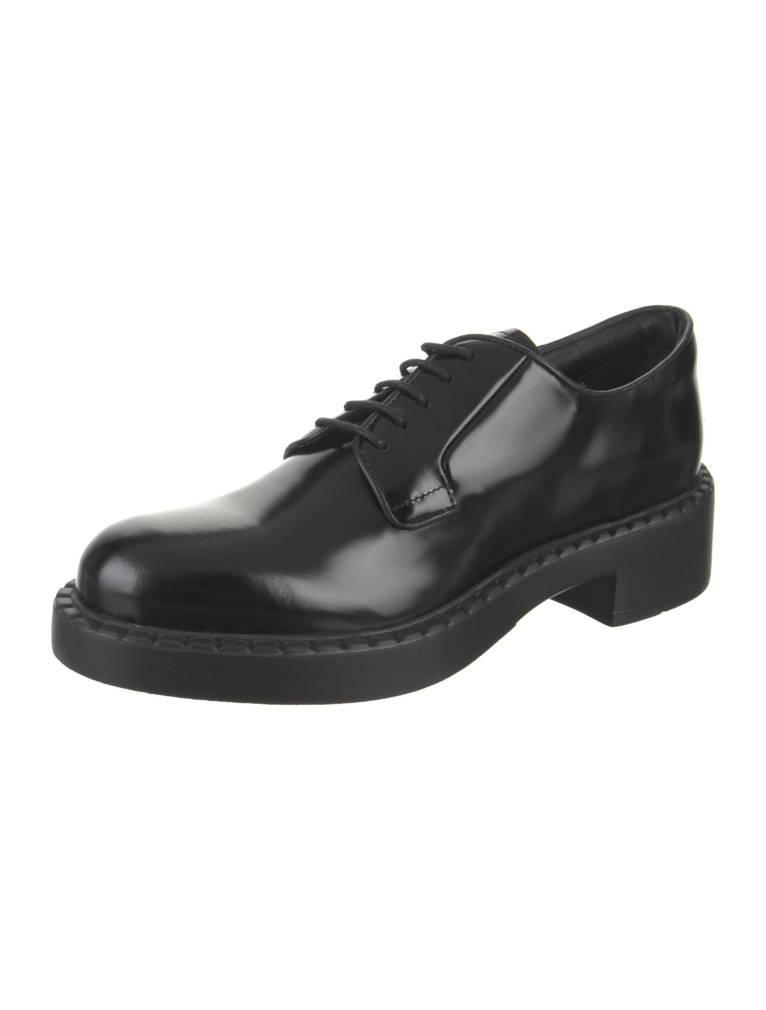 Prada Spazzolato Derby Enameled Metal Triangle Oxfords w/ Tags