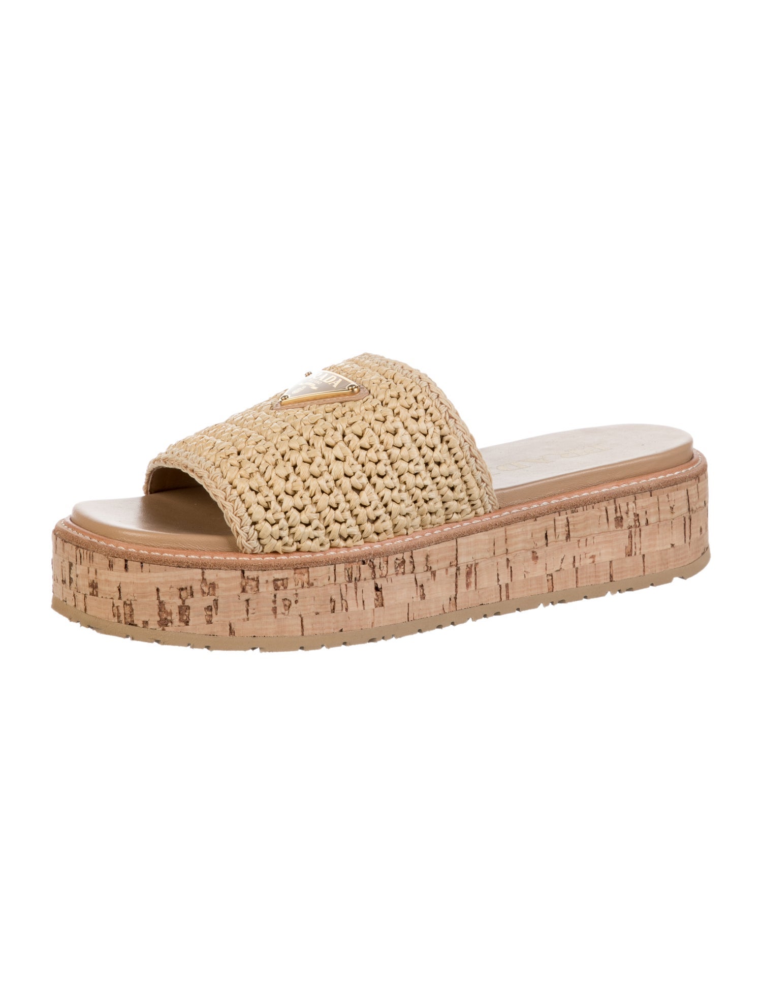 Prada Enameled Metal Triangle Raffia Slides