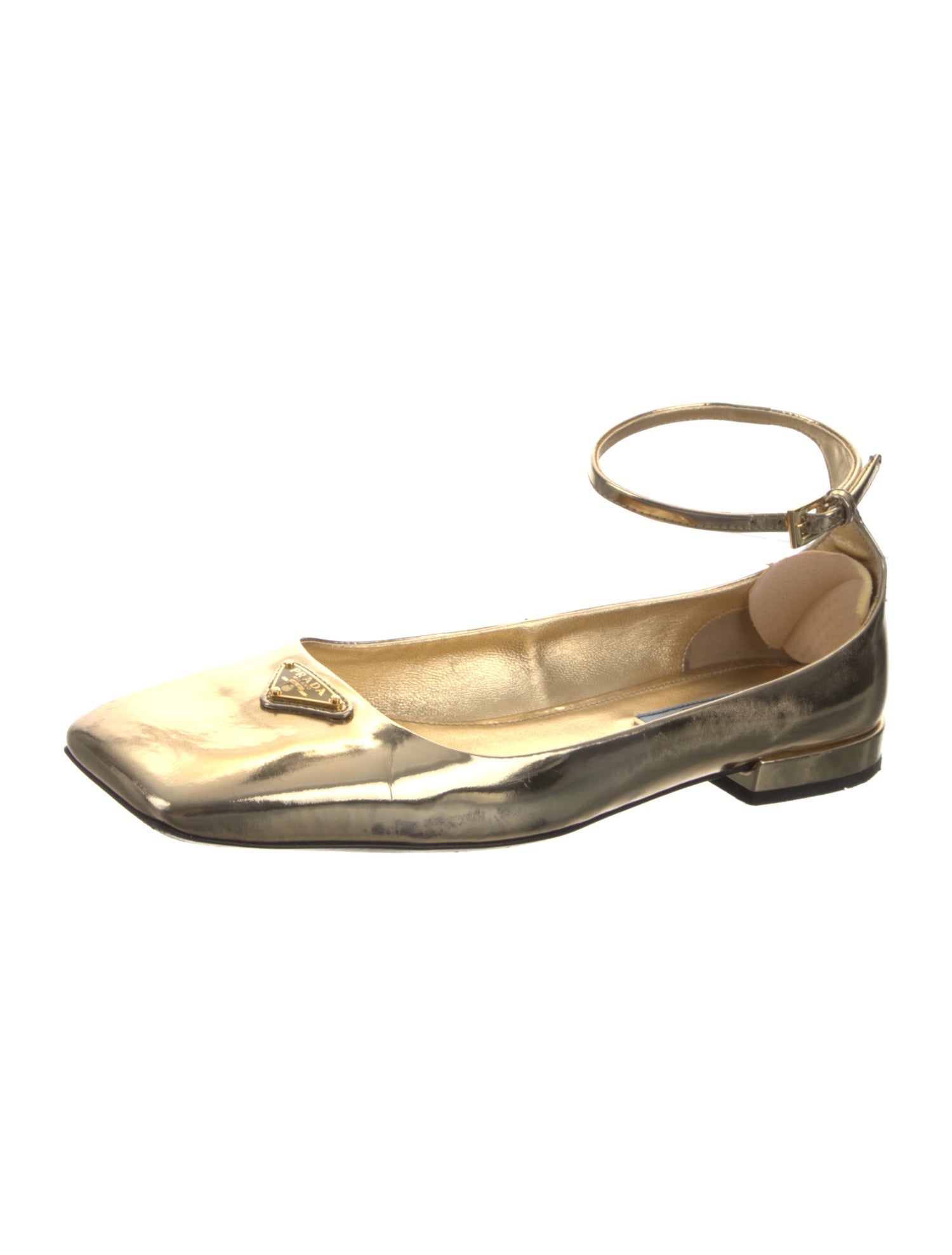 Prada Enameled Metal Triangle Patent Leather Flats