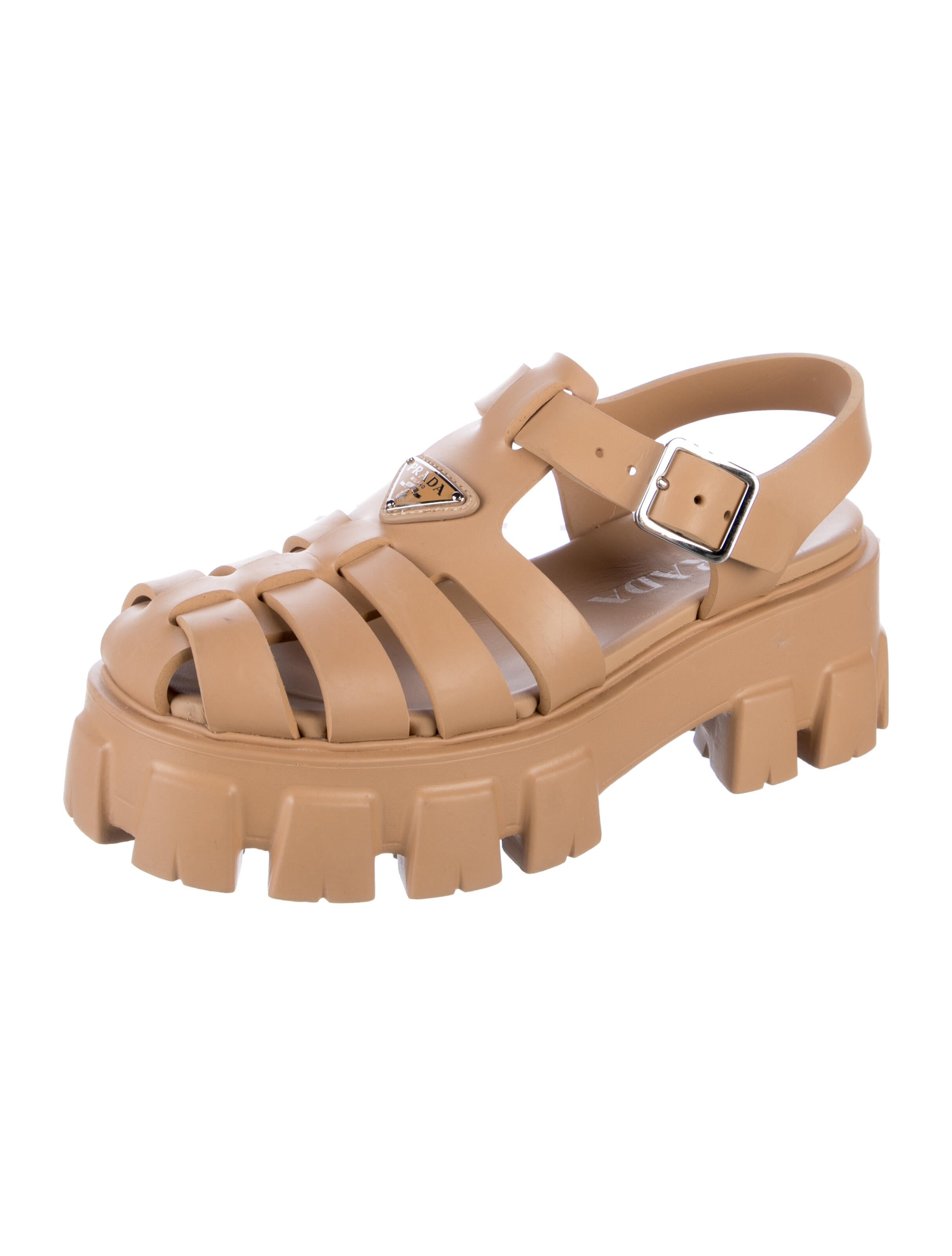 Prada Enameled Metal Triangle Rubber Sandals