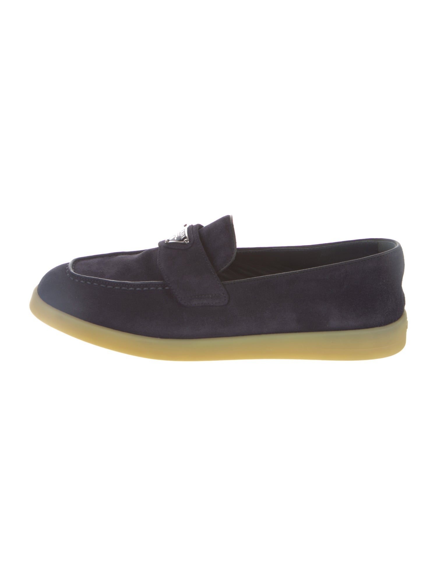 Prada Enameled Metal Triangle Suede Loafers