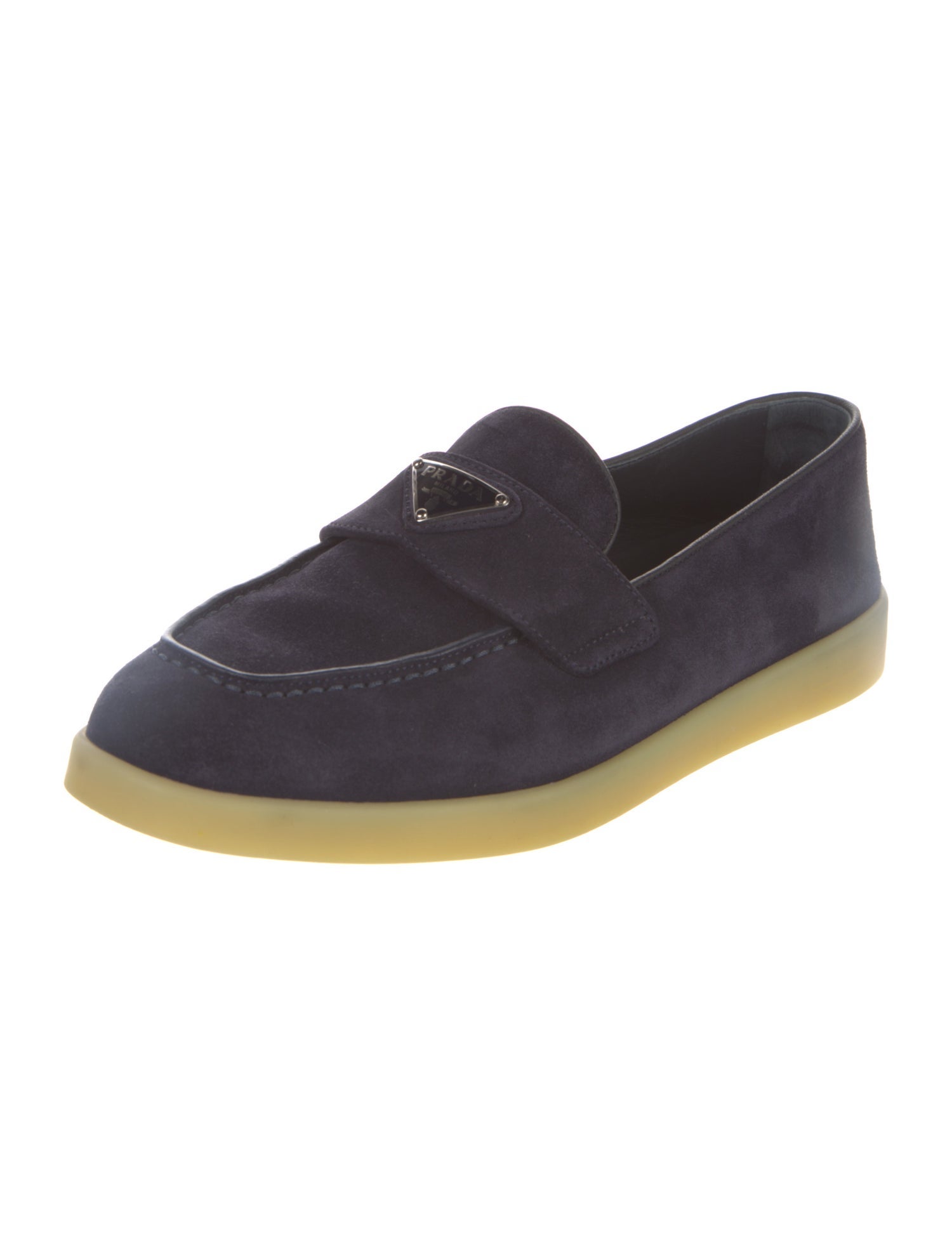 Prada Enameled Metal Triangle Suede Loafers