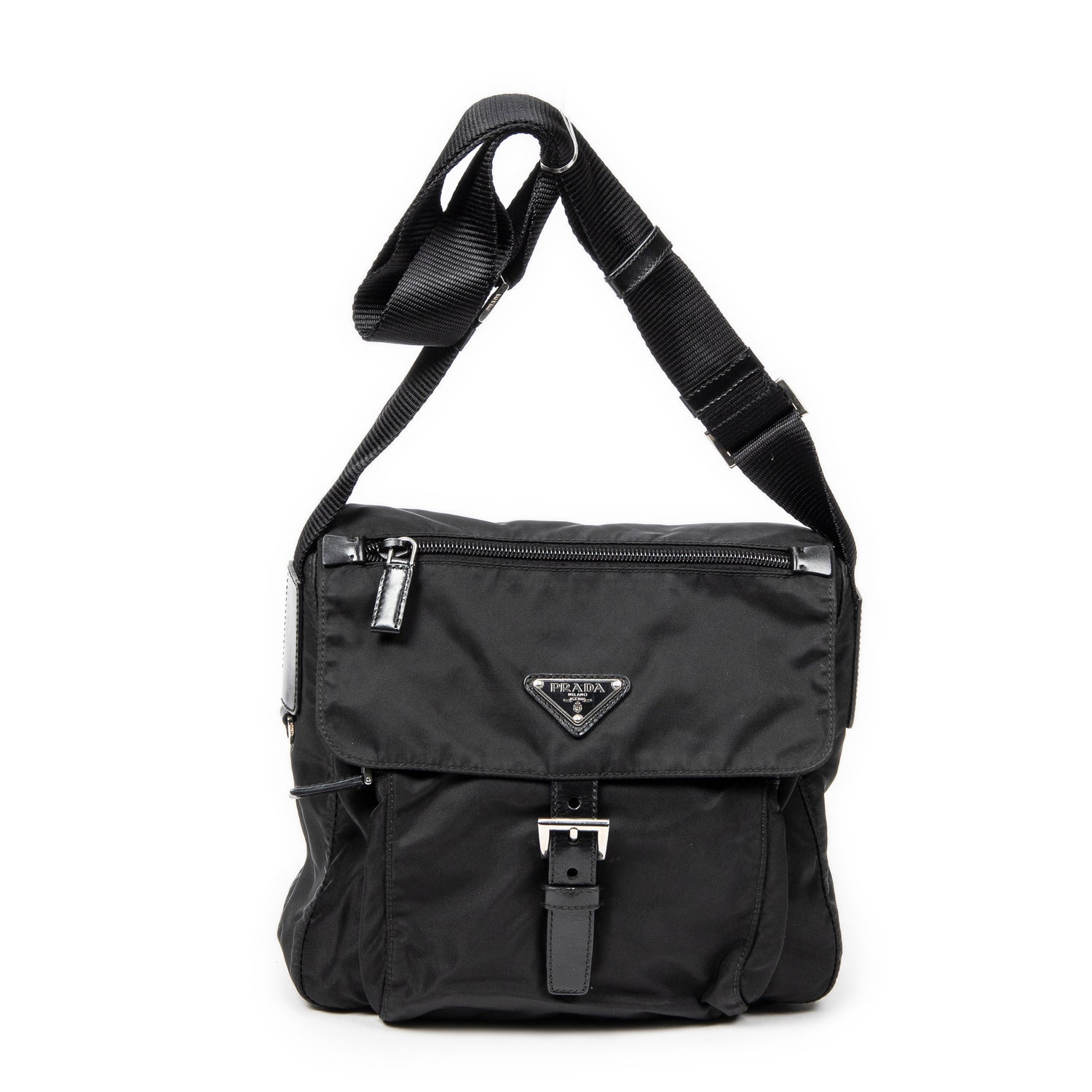 Prada Canvas Buckle Flap Crossbody