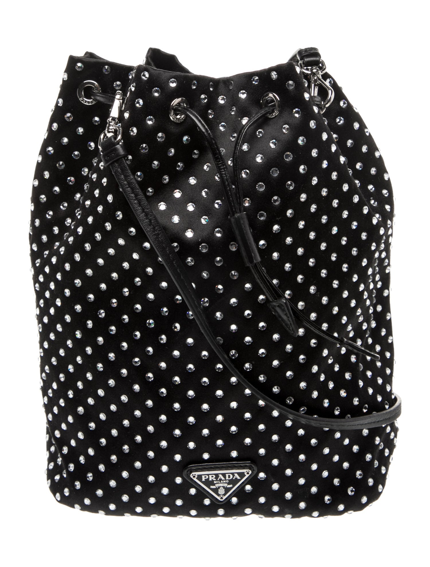 Prada Enameled Metal Triangle Raso Crystal Bucket Bag
