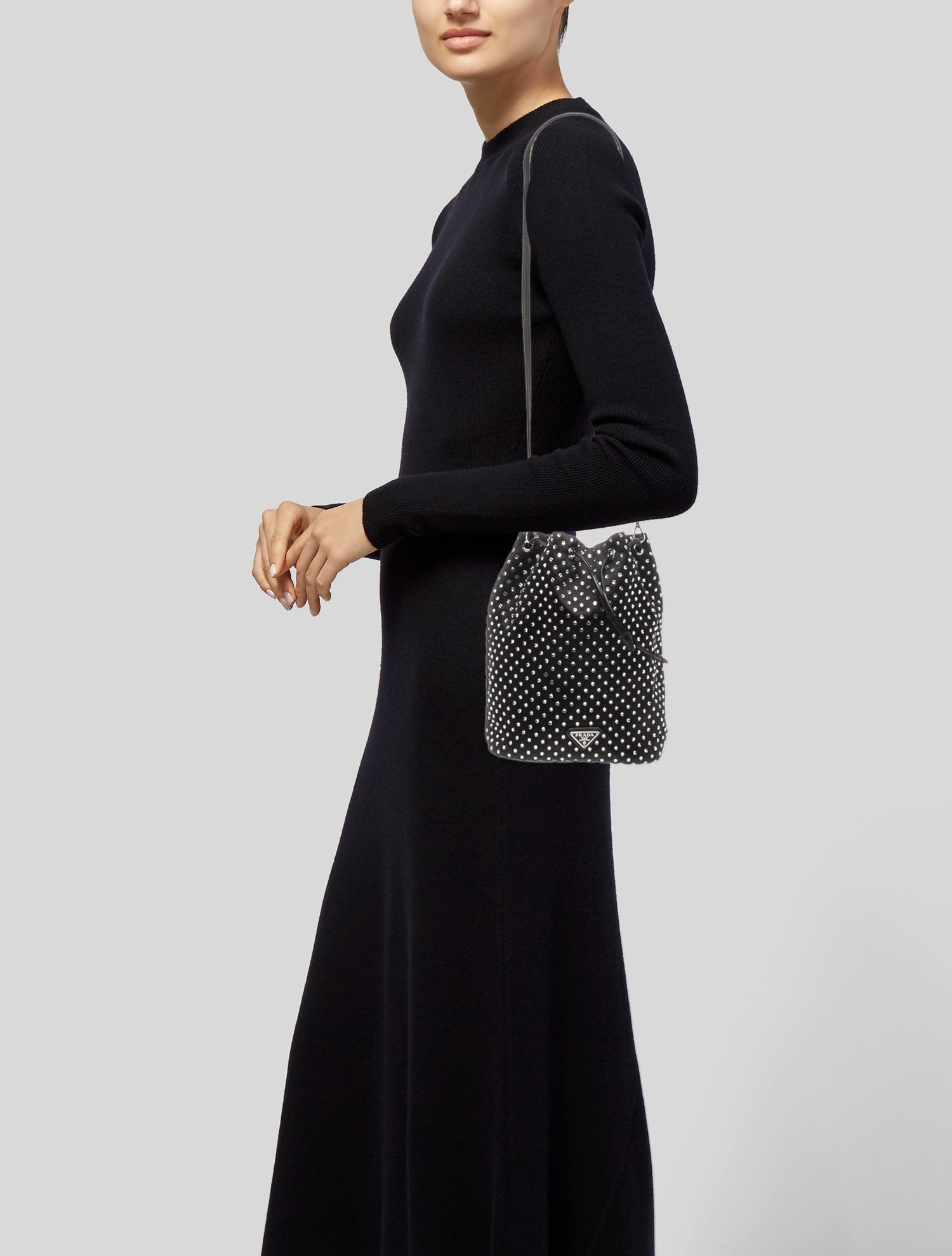 Prada Enameled Metal Triangle Raso Crystal Bucket Bag