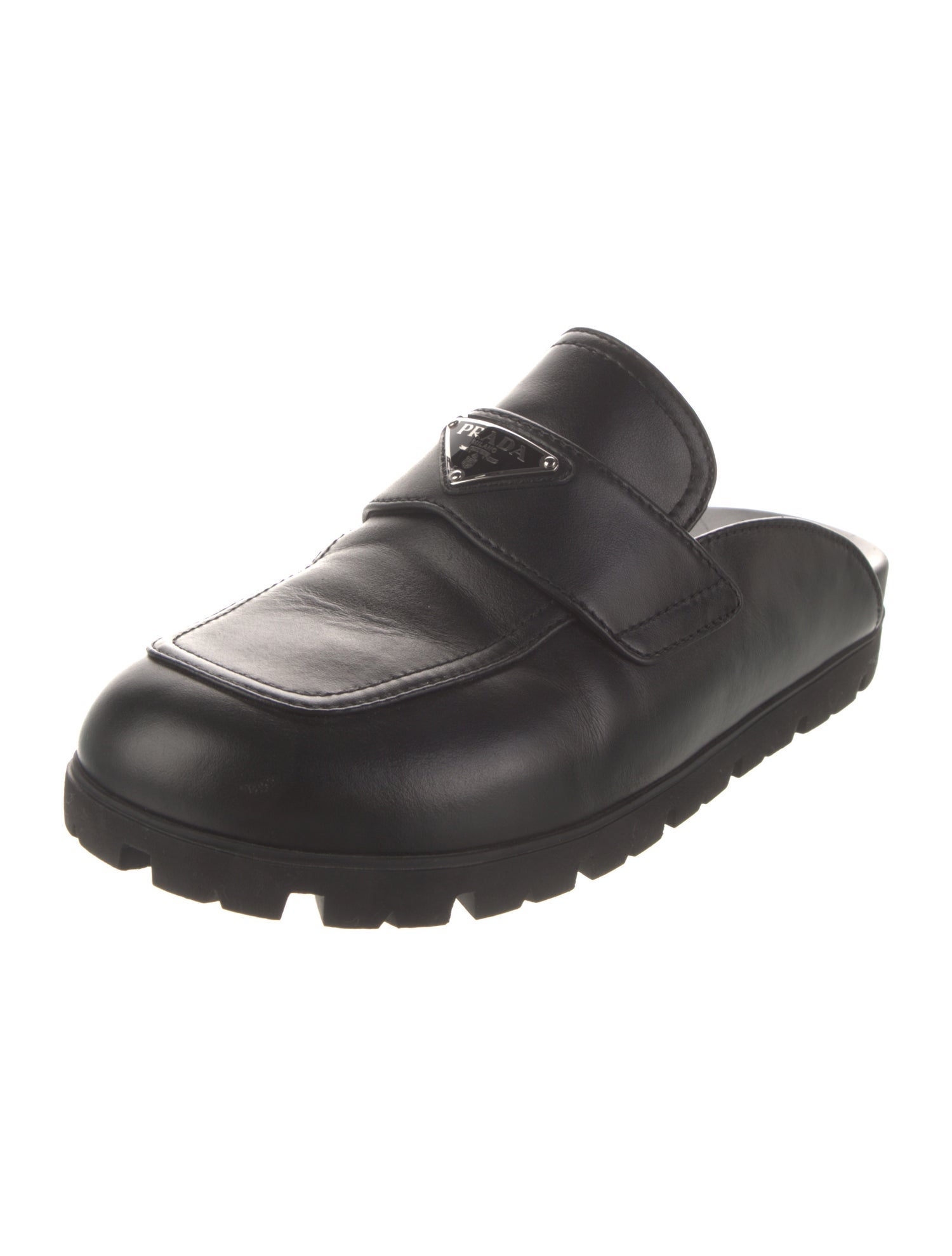 Prada Enameled Metal Triangle Leather Mules