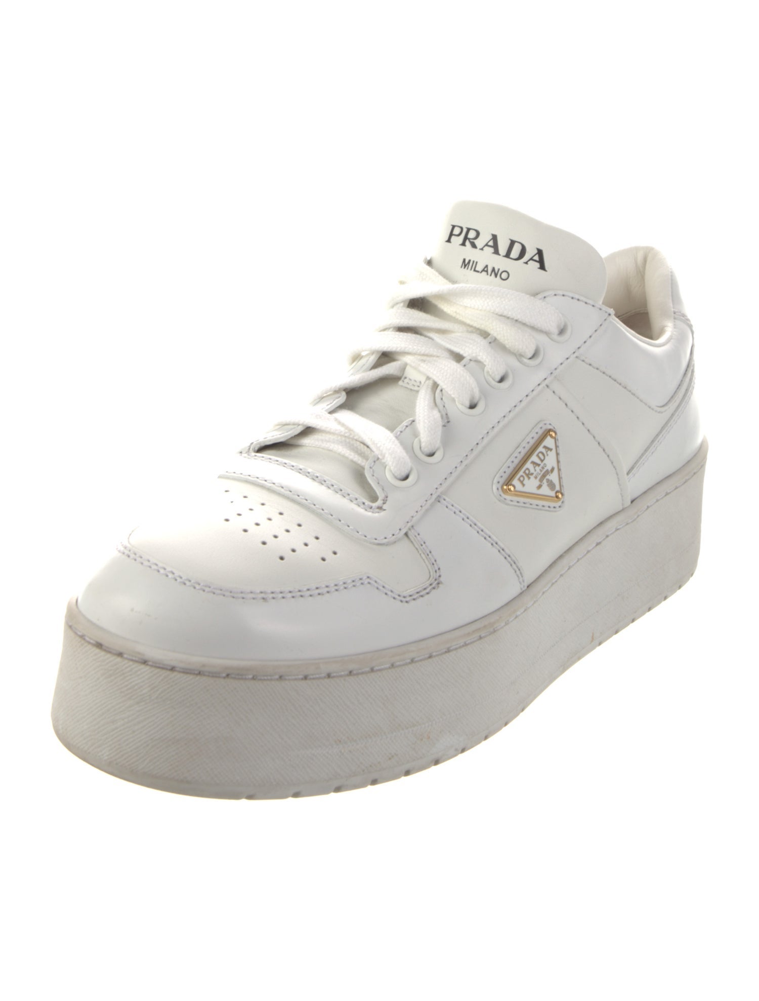 Prada Enameled Metal Triangle Leather Sneakers