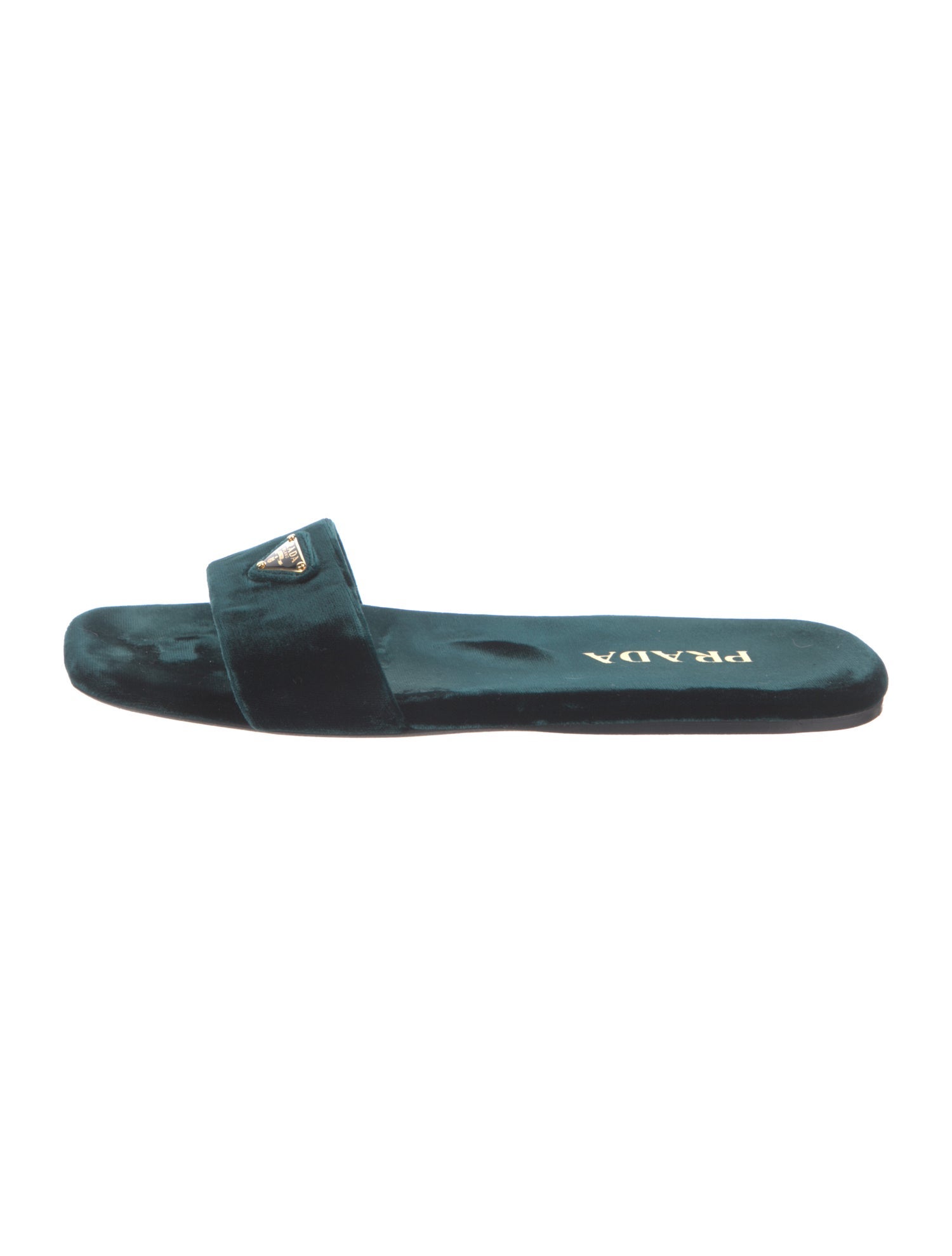 Prada Enameled Metal Triangle Velvet Slides