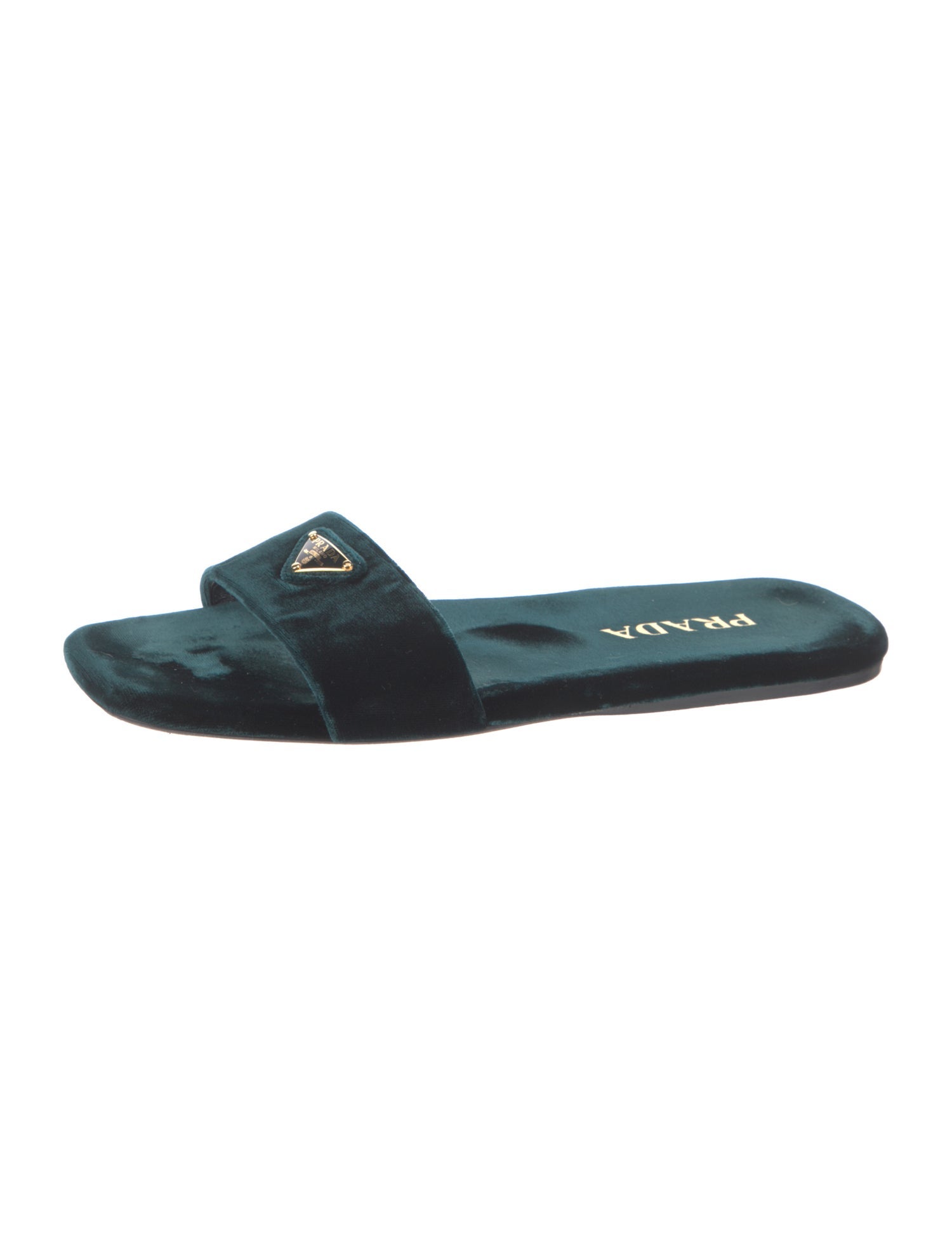Prada Enameled Metal Triangle Velvet Slides
