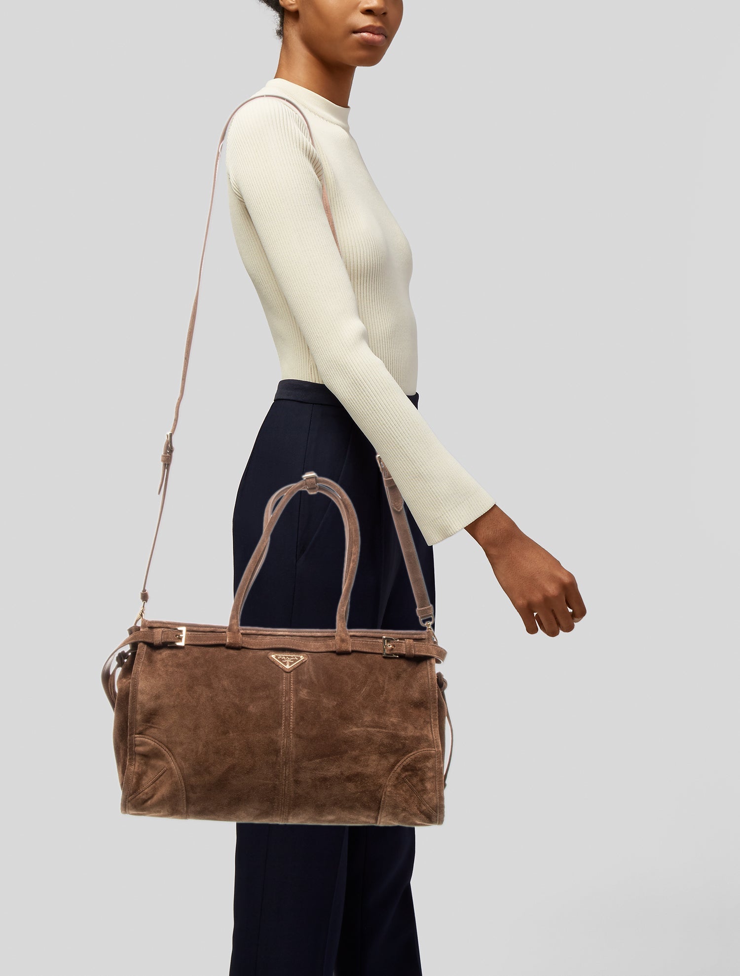 Prada Enameled Metal Triangle Large Suede Bonnie Shoulder Bag Large