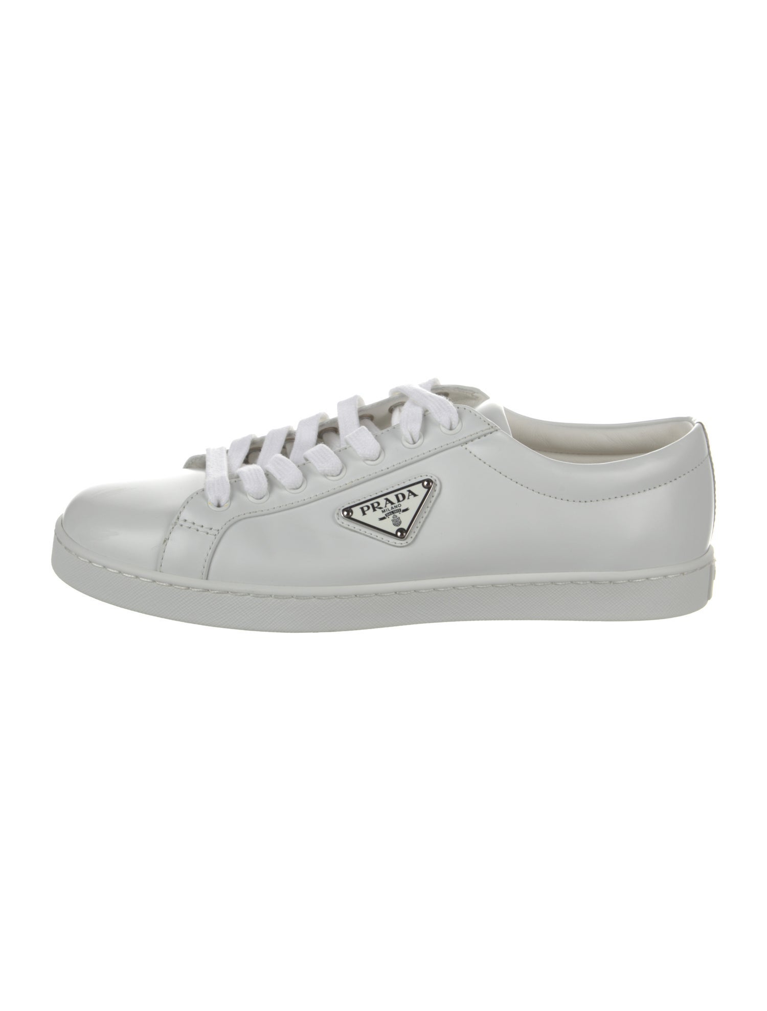 Prada Enameled Metal Triangle Leather Sneakers