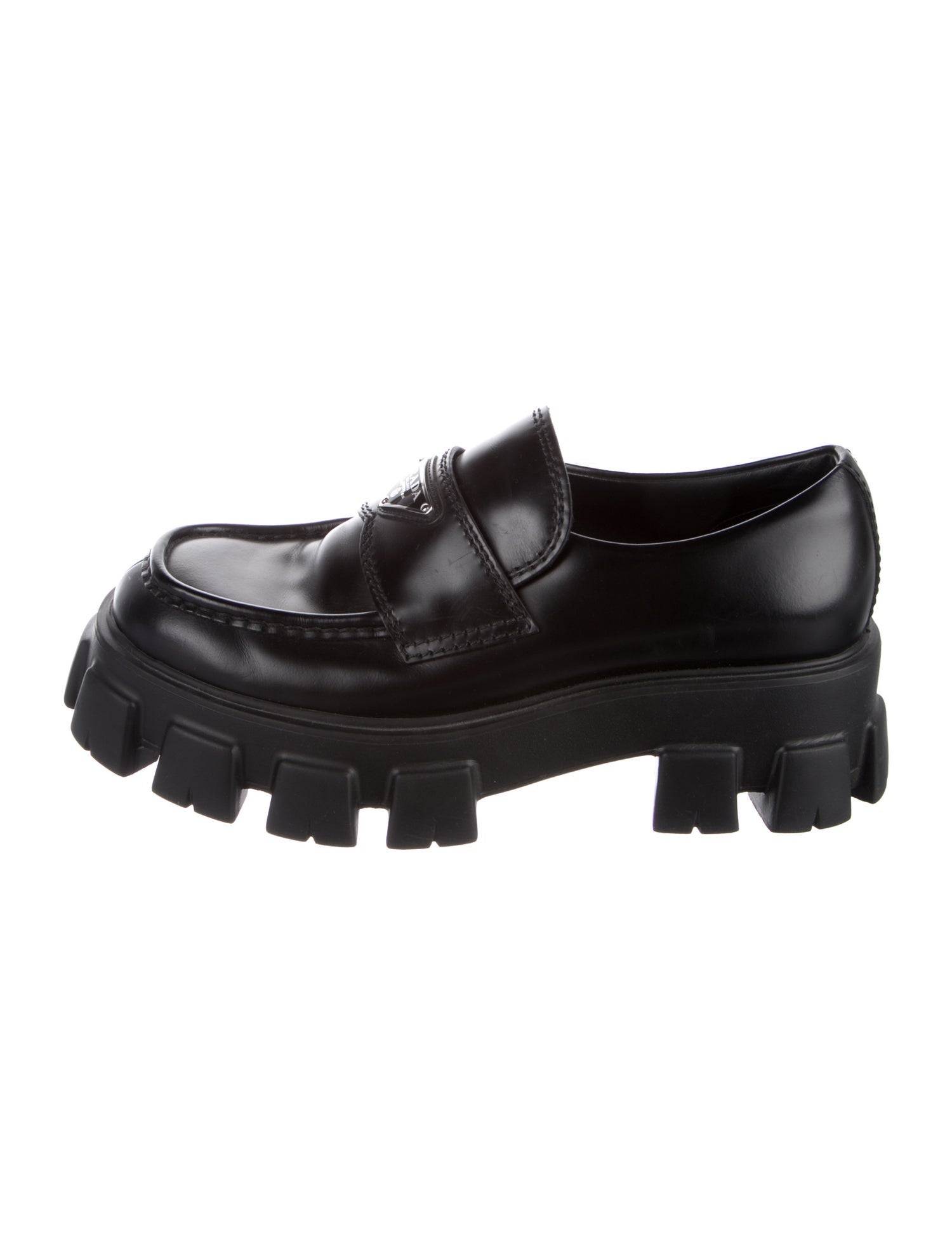 Prada Enameled Metal Triangle Patent Leather Loafers