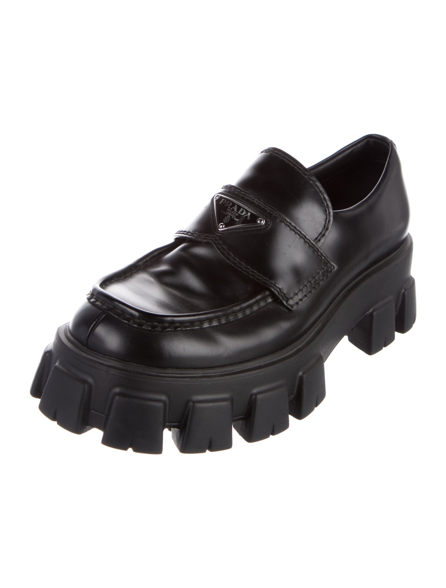 Prada Enameled Metal Triangle Patent Leather Loafers