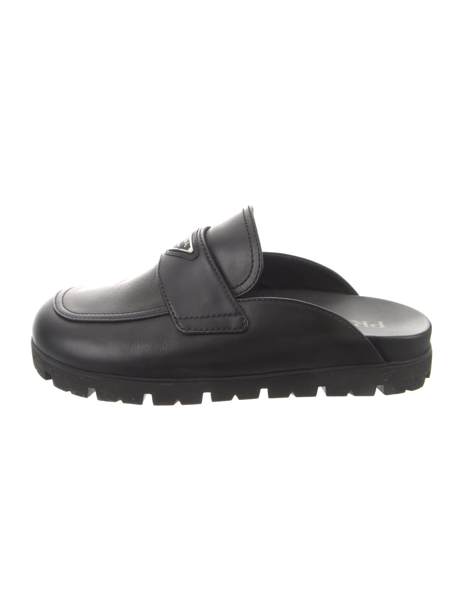 Prada Enameled Metal Triangle Leather Loafers