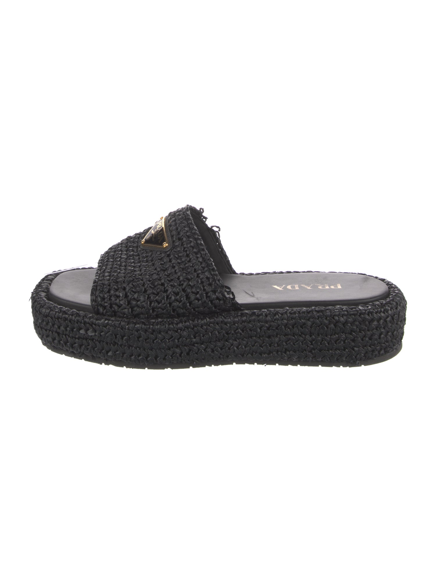 Prada Enameled Metal Triangle Raffia Espadrilles