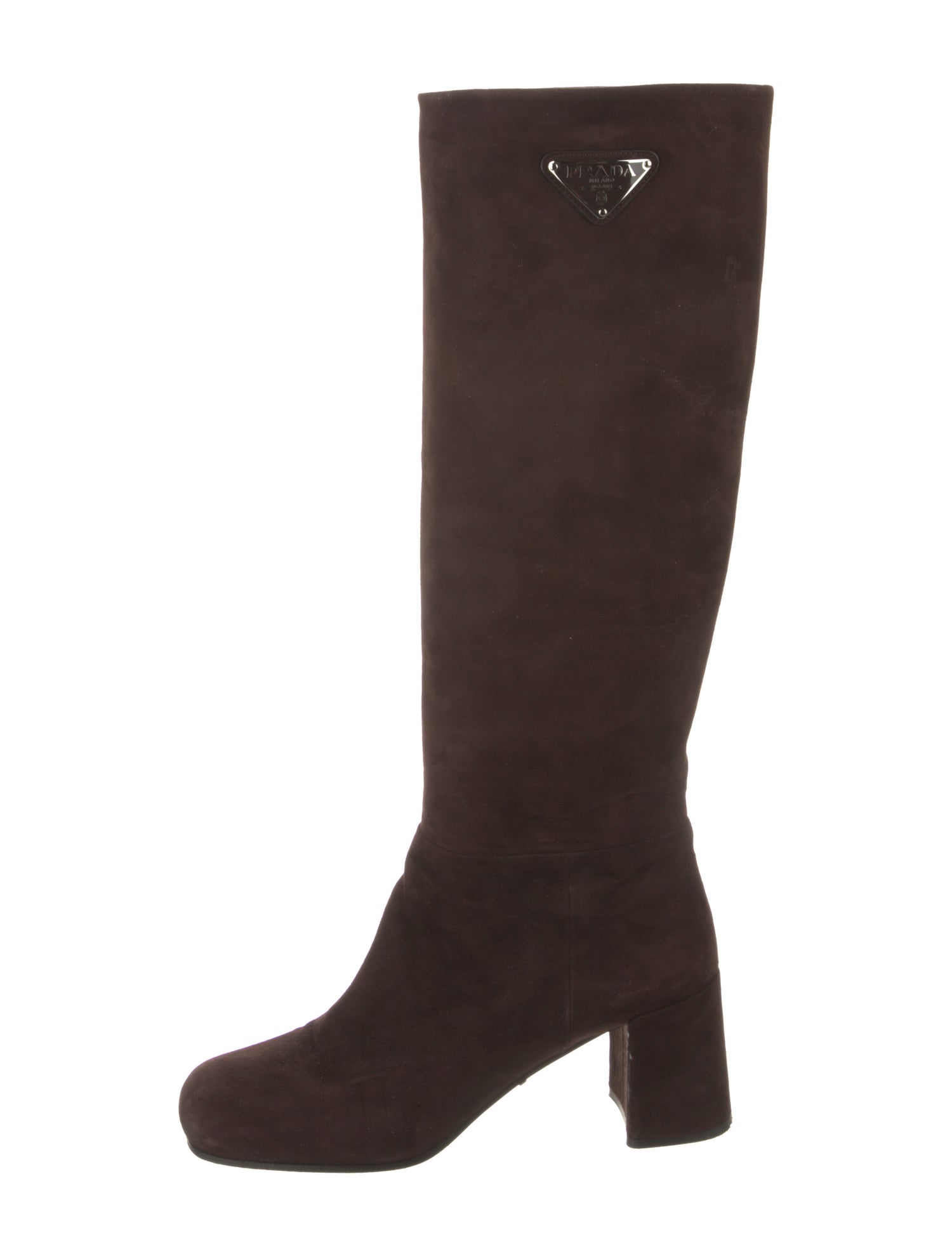 Prada Enameled Metal Triangle Suede Boots