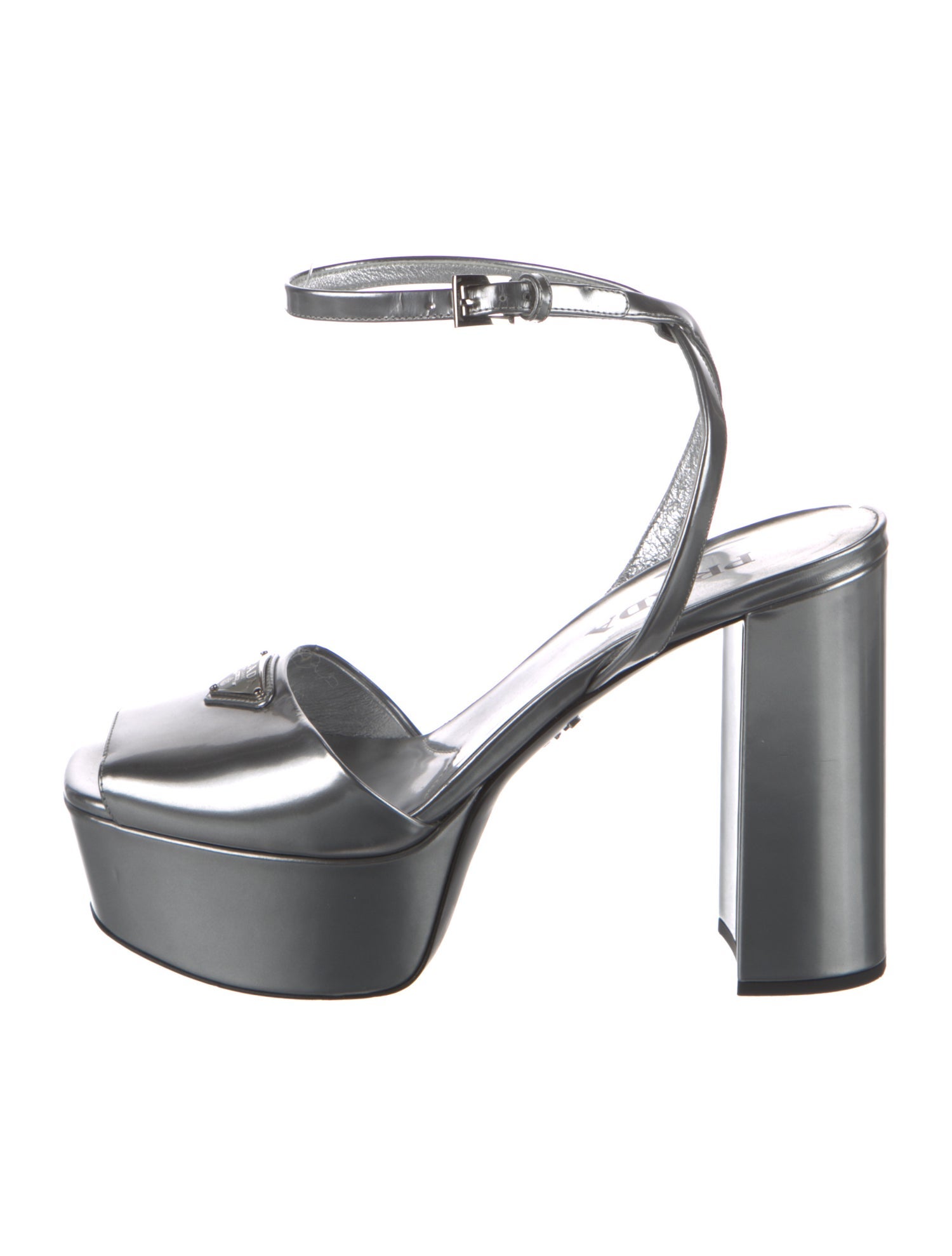 Prada Enameled Metal Triangle Patent Leather Slingback Pumps