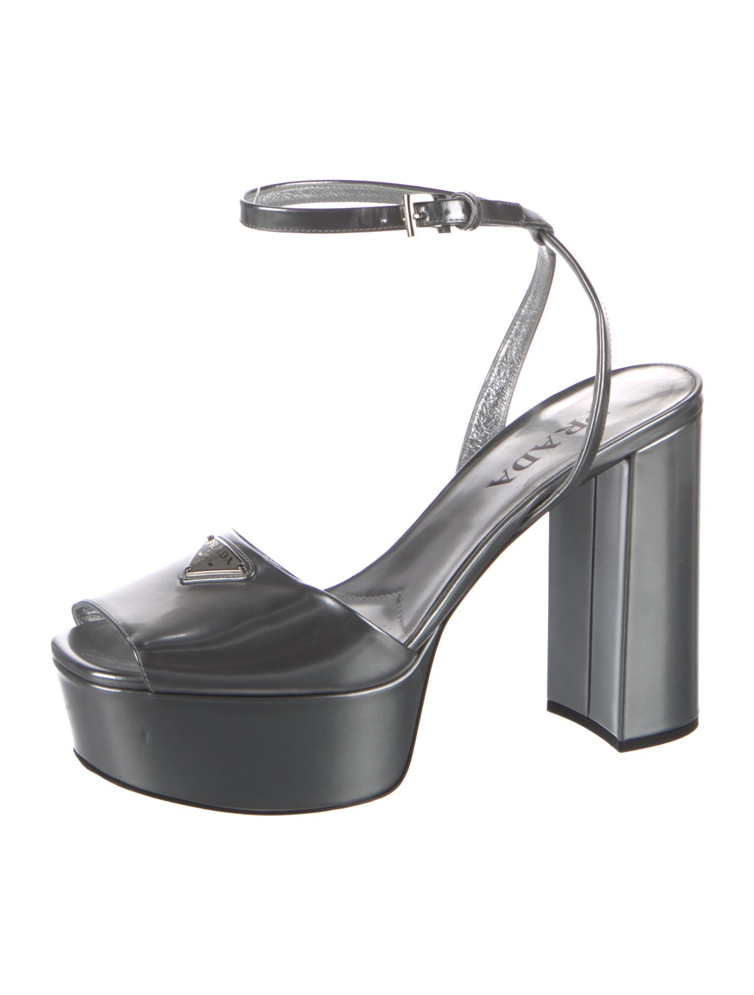 Prada Enameled Metal Triangle Patent Leather Slingback Pumps
