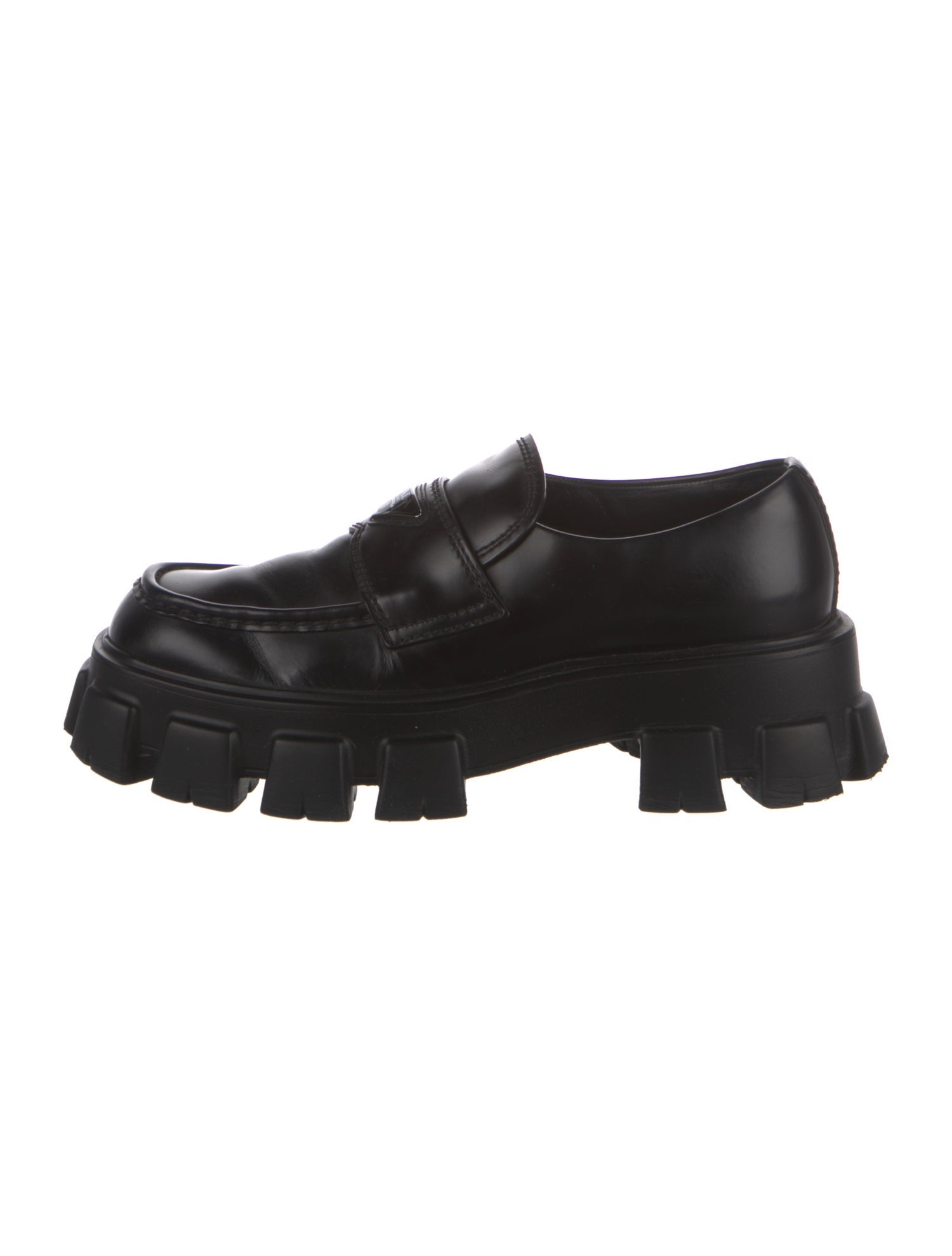 Prada Enameled Metal Triangle Leather Loafers
