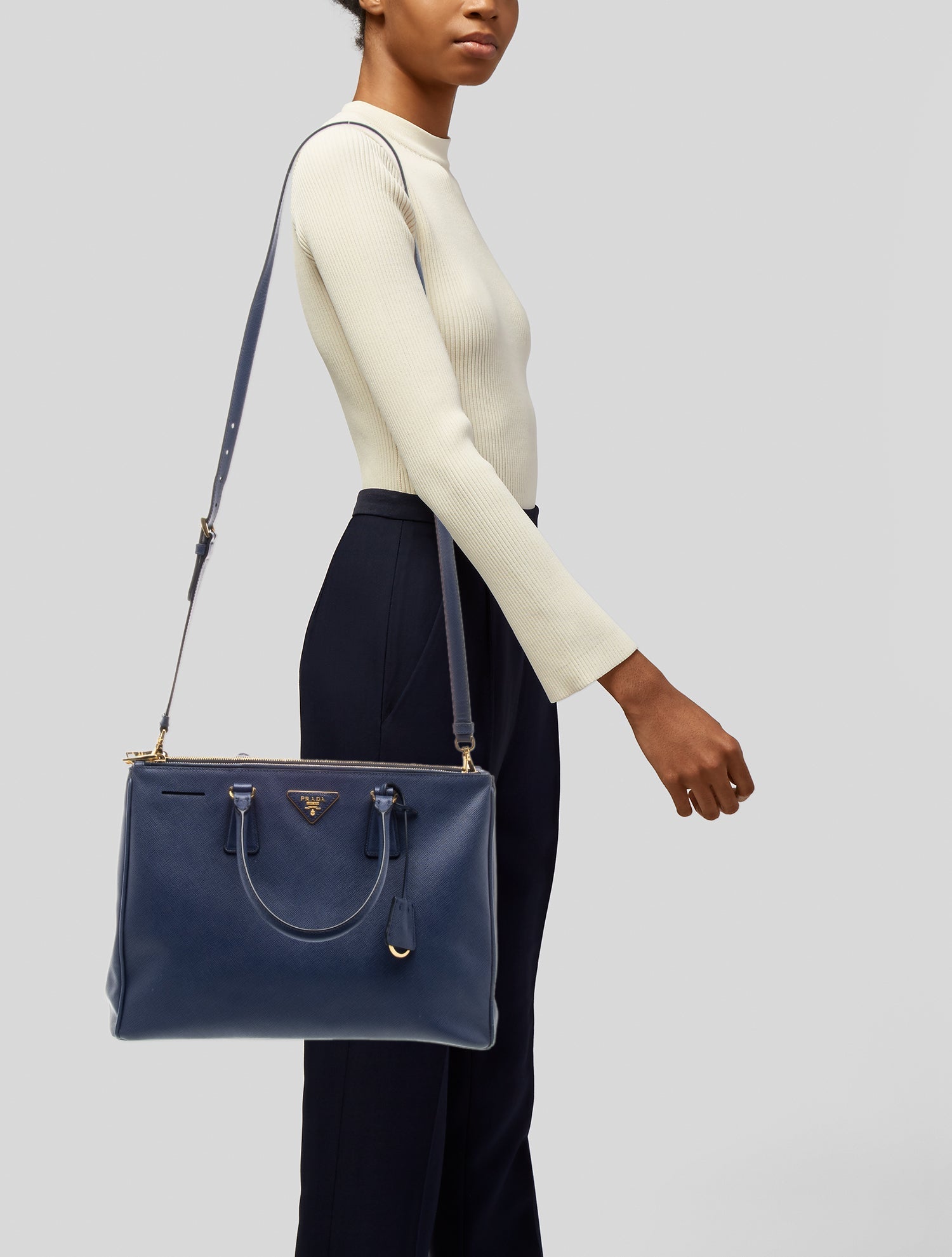 Prada Enameled Metal Triangle Galleria Double Zip Medium