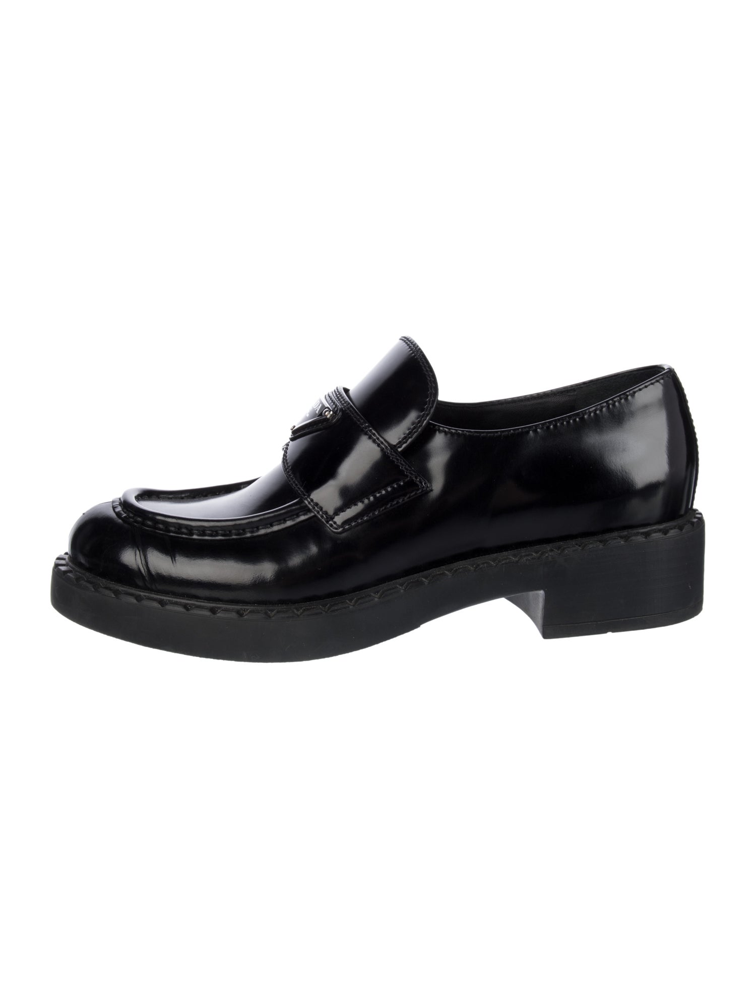 Prada Enameled Metal Triangle Leather Dress Loafers