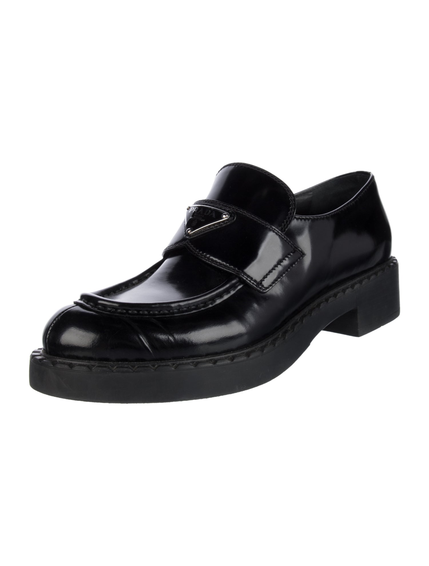Prada Enameled Metal Triangle Leather Dress Loafers