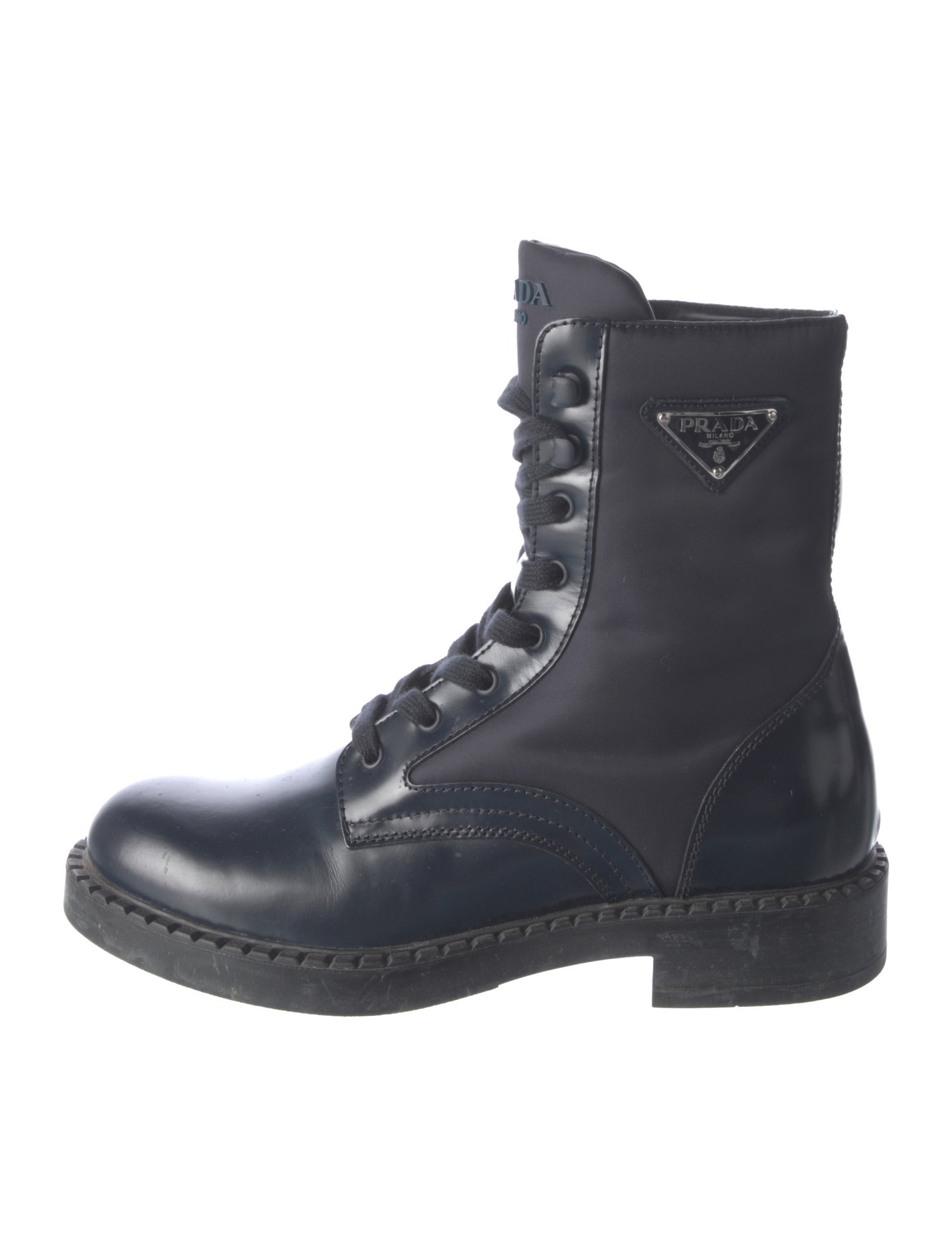 Prada Enameled Metal Triangle Patent Leather Lace-Up Boots