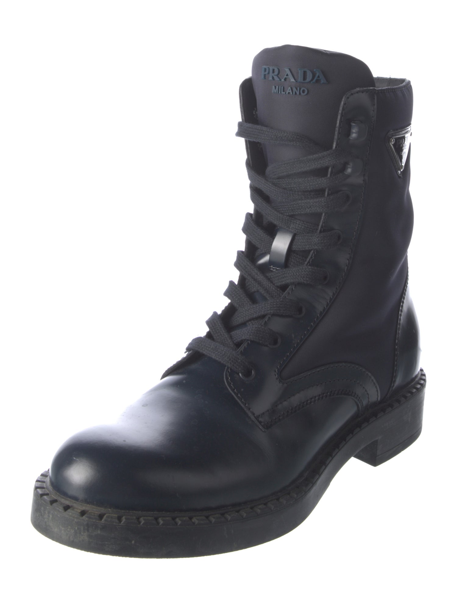Prada Enameled Metal Triangle Patent Leather Lace-Up Boots