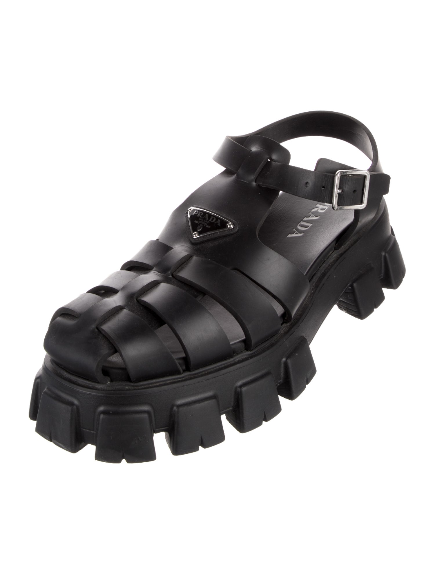 Prada Enameled Metal Triangle Rubber Loafers