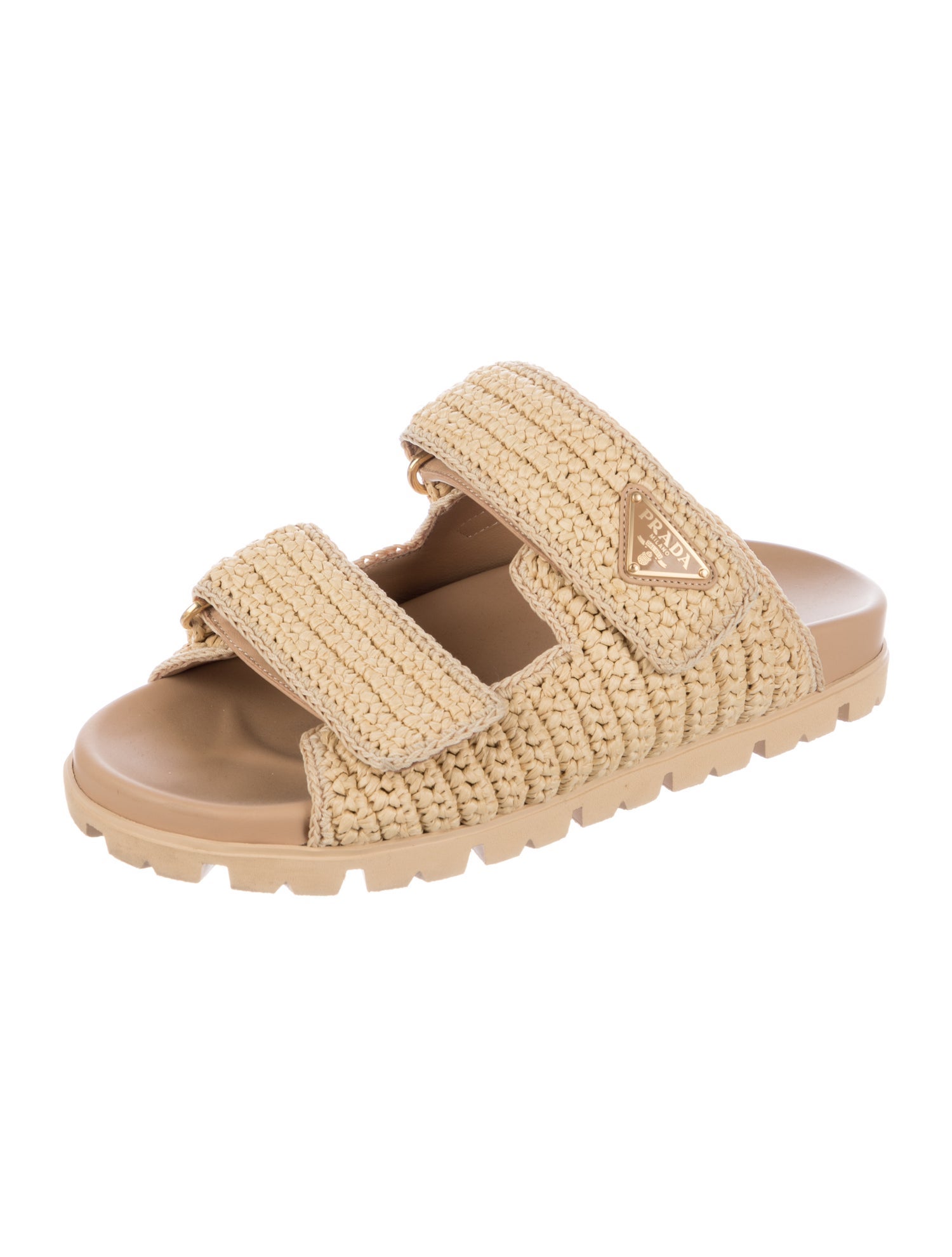 Prada Enameled Metal Triangle Raffia Slides