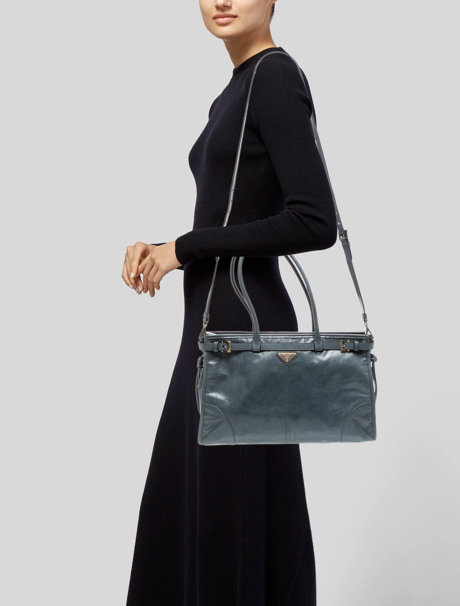 Prada Leather Bonnie Large - Blue Shoulder Bags, Handbags